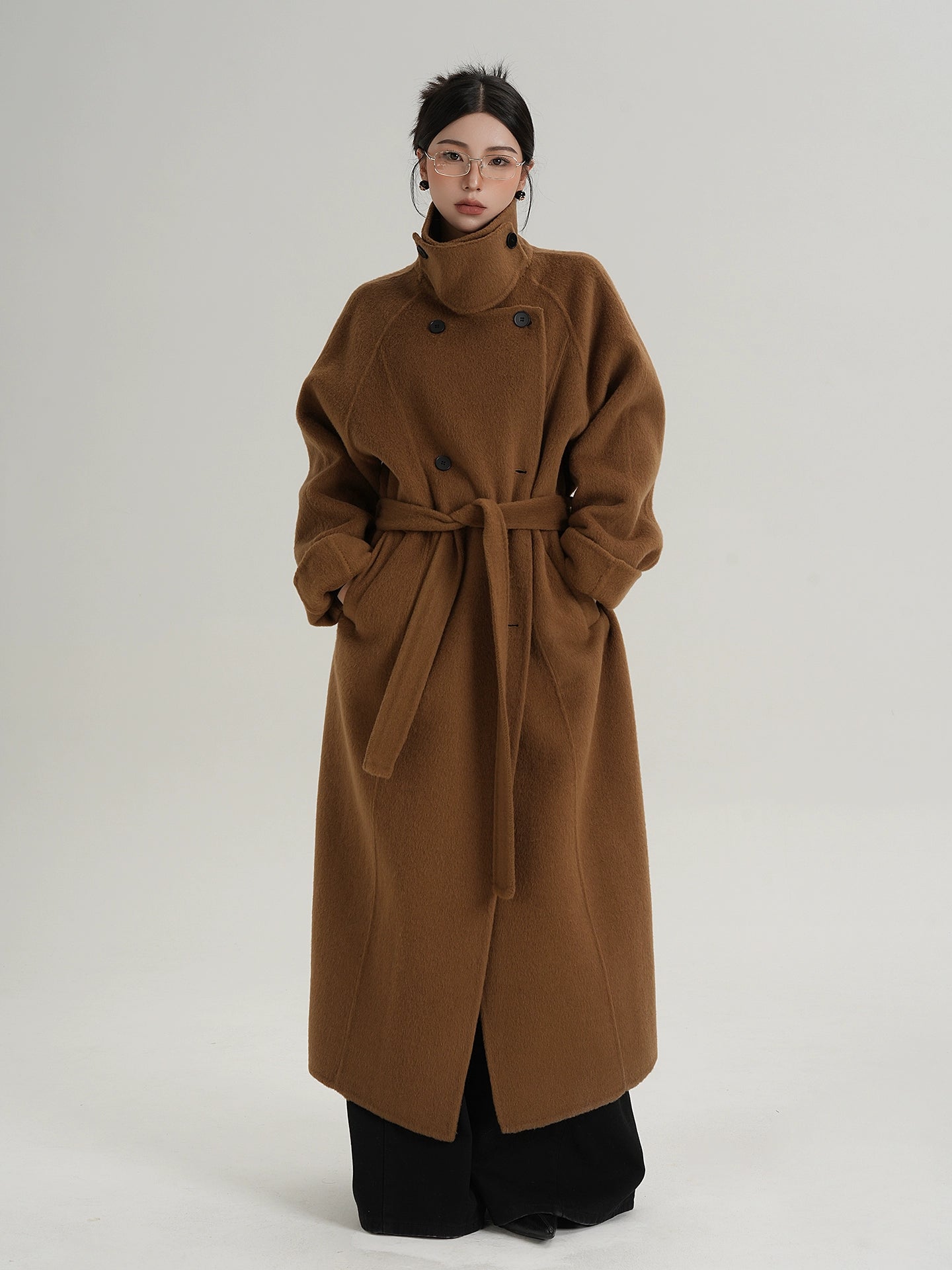 Caramel Crest Funnel-Belt Wool Coat