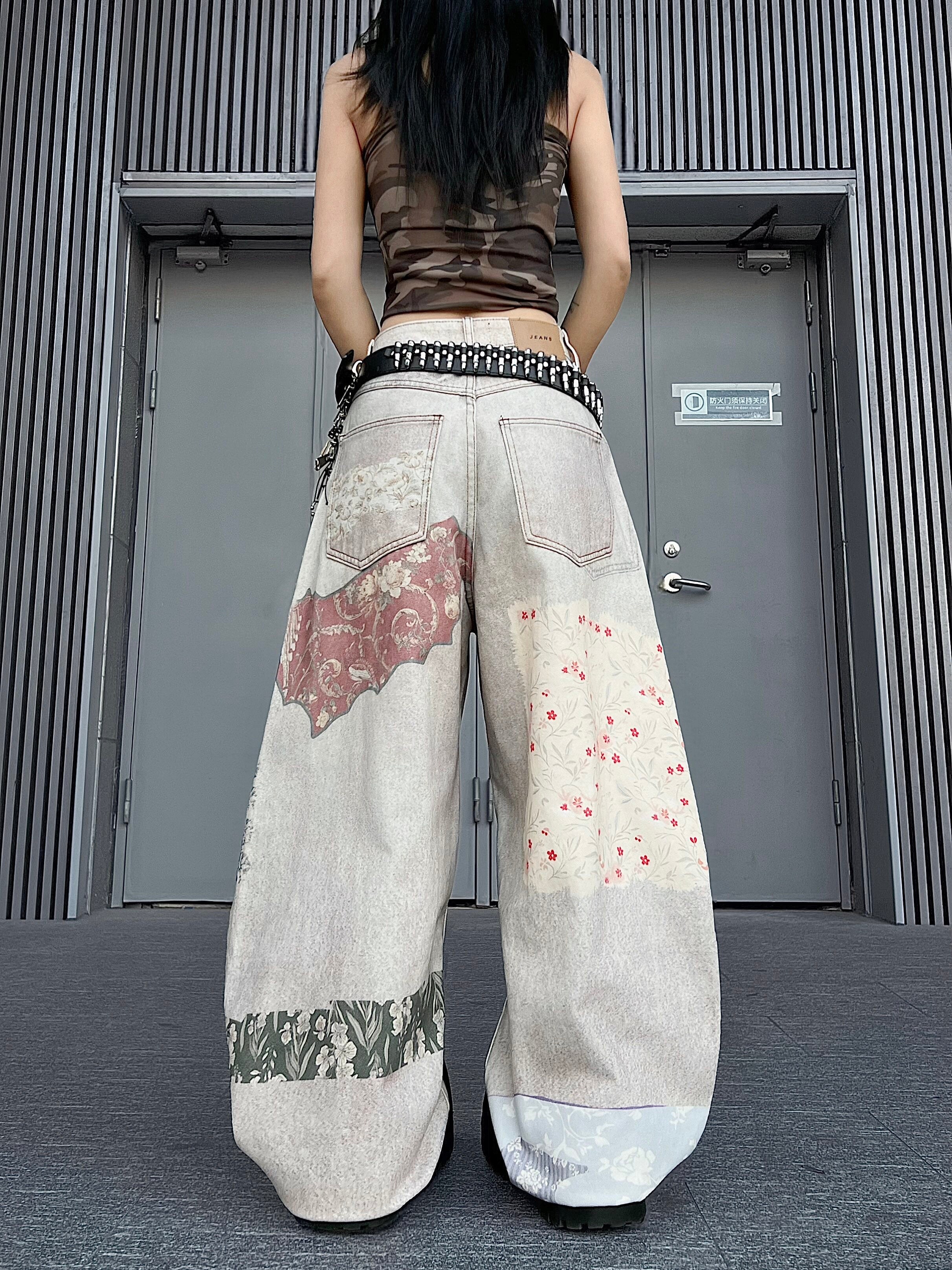 Men's 3D Digital-Print Mixed-Fabric Wide-Leg Jeans