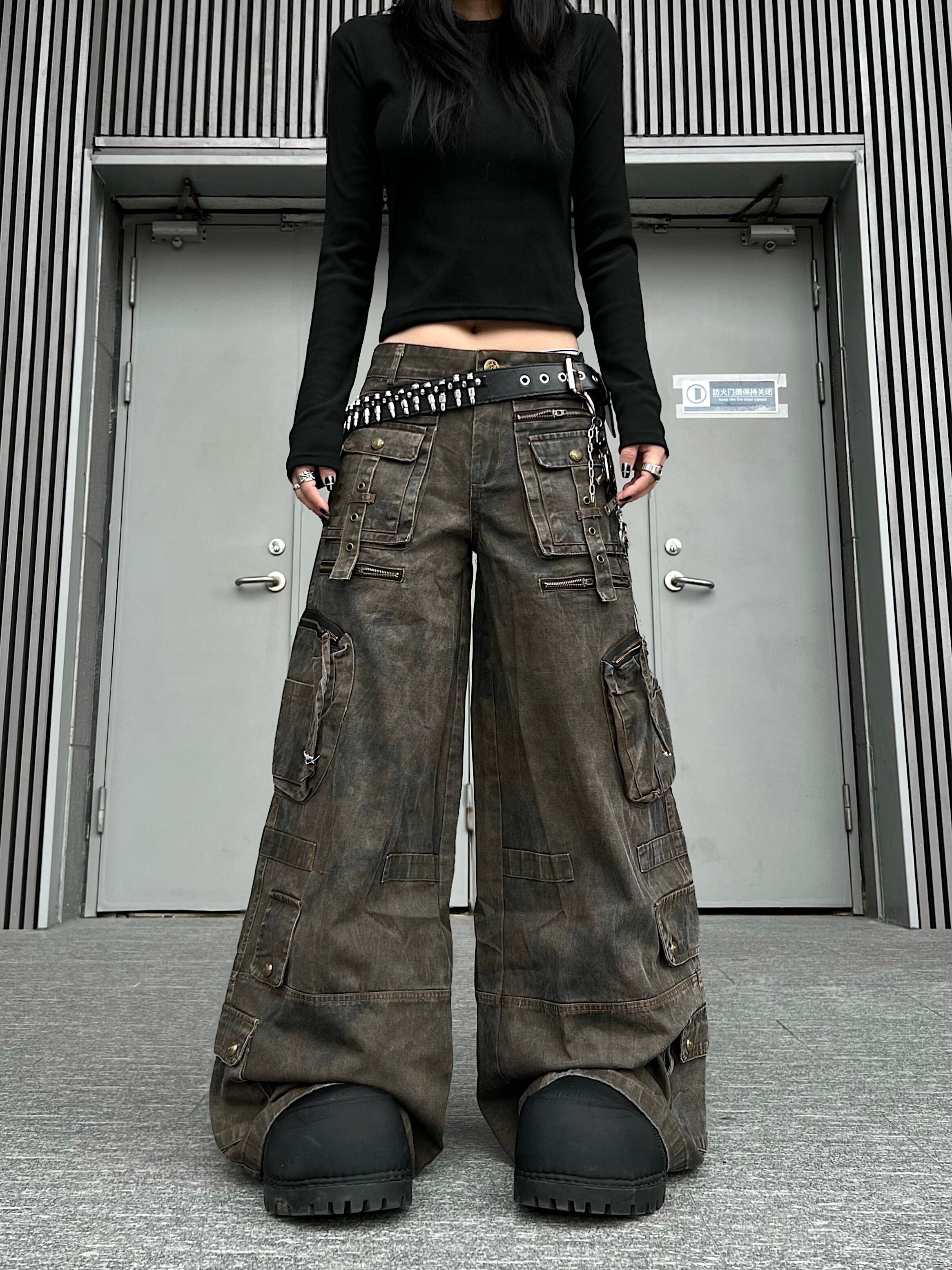 Men's Washed Multi-Pocket Wide-Leg Cargo Pants