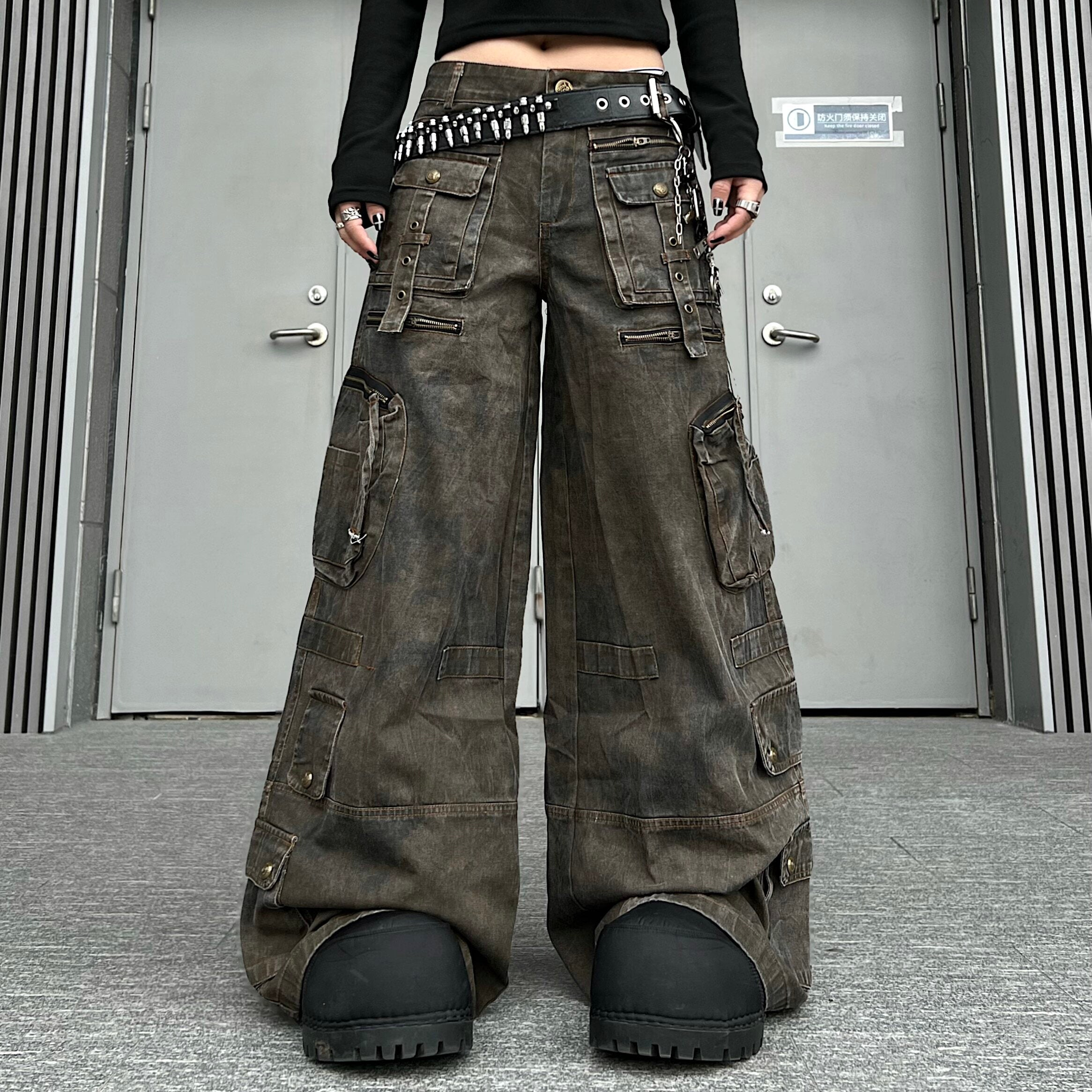 Men's Washed Multi-Pocket Wide-Leg Cargo Pants