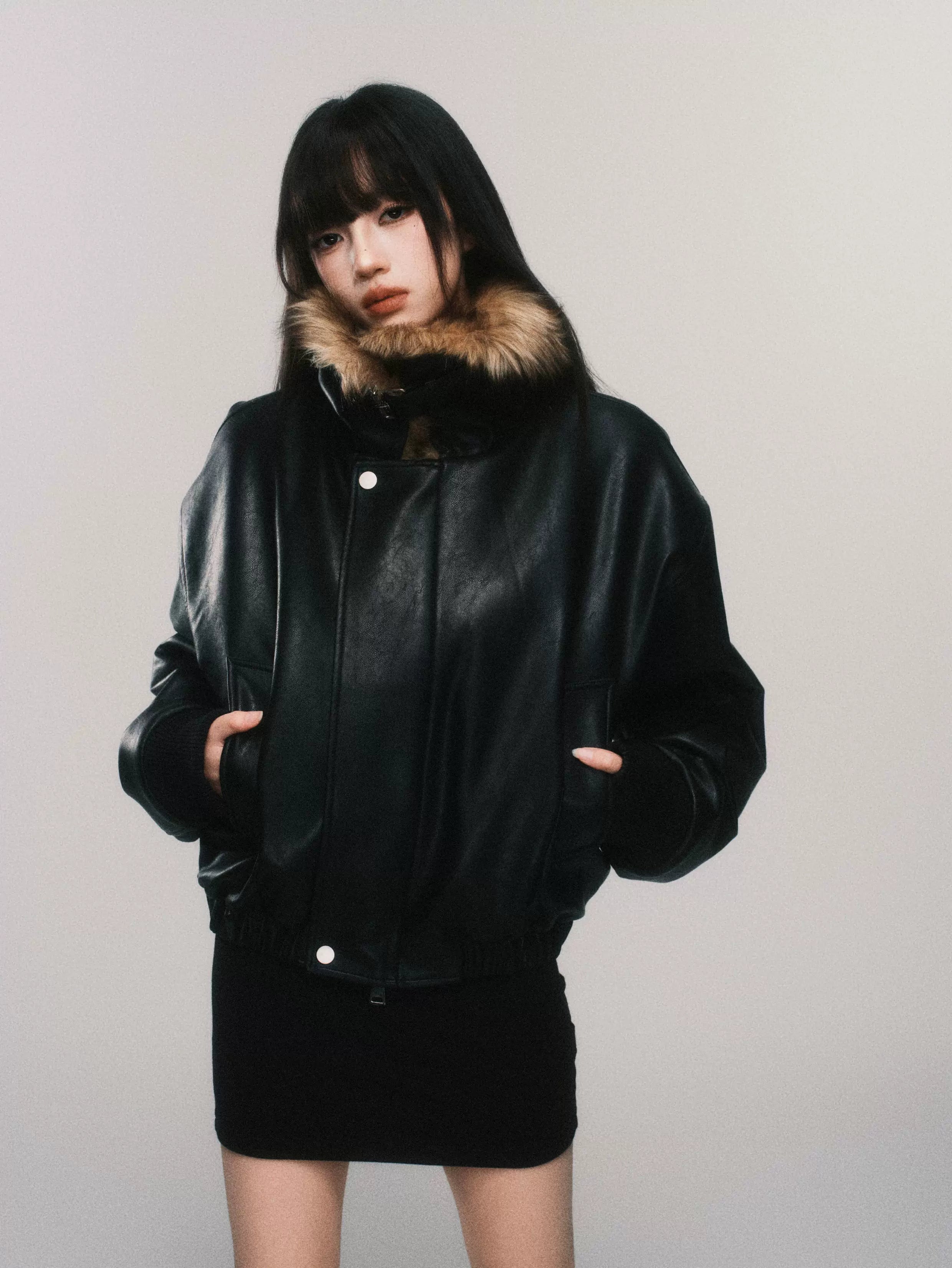 Midnight Aviator Faux‑Fur Bomber Jacket