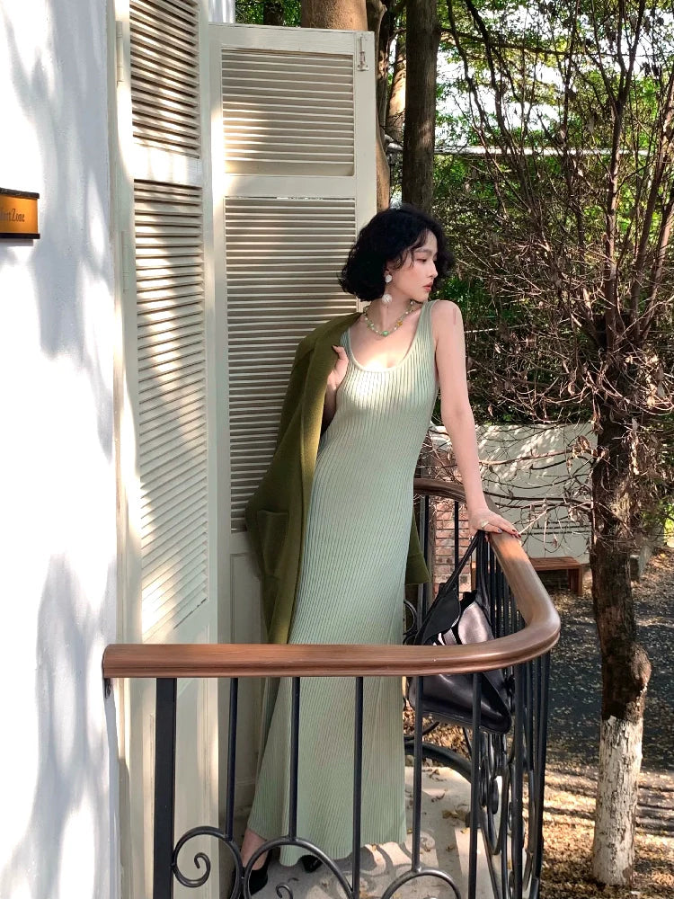 knee length dresses for ladies Retro Sleeveless Ribbed Knit Maxi Dress Bean Green / S
