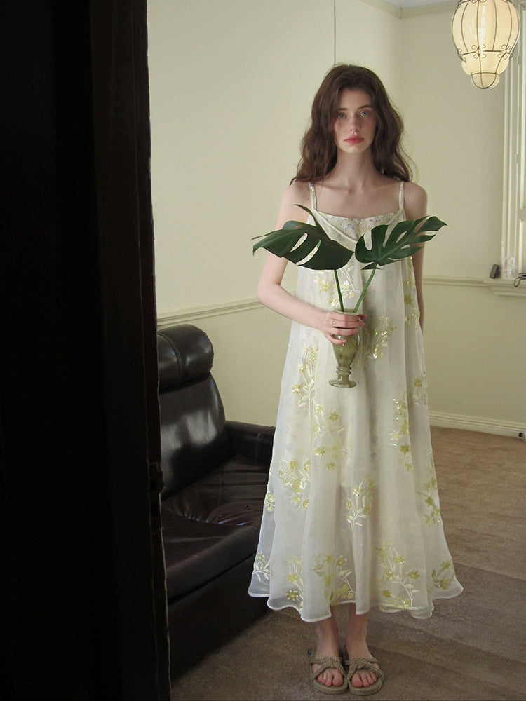 Floral Embroidered Tulle Midi Dress
