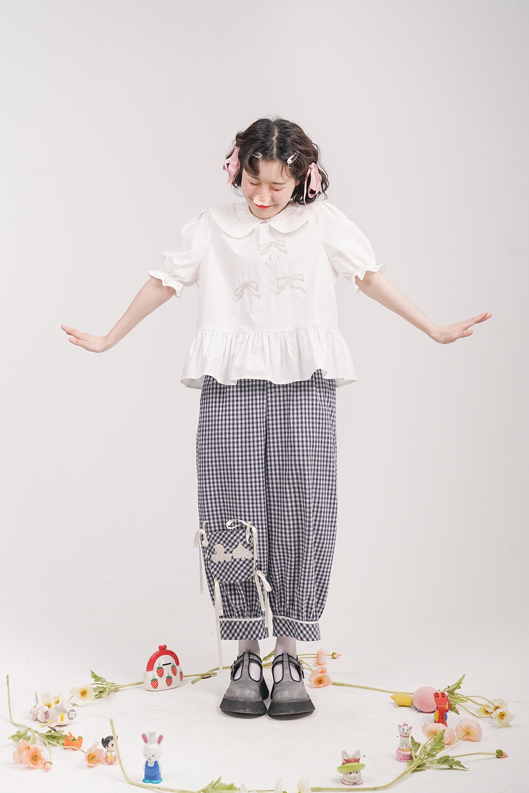 Gingham Rabbit Pocket Bow Bloomer Pants