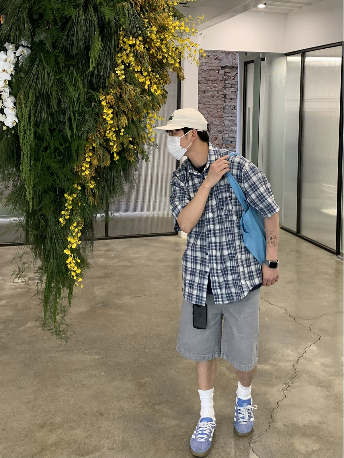 Oversized Blue and White Plaid Short Sleeve Shirt