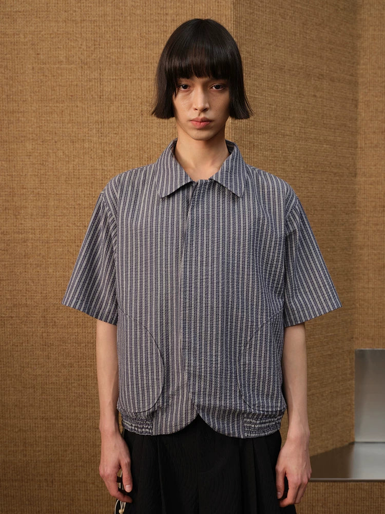 Vertical-Stripe Short-Sleeve Shirt with Curved Hem