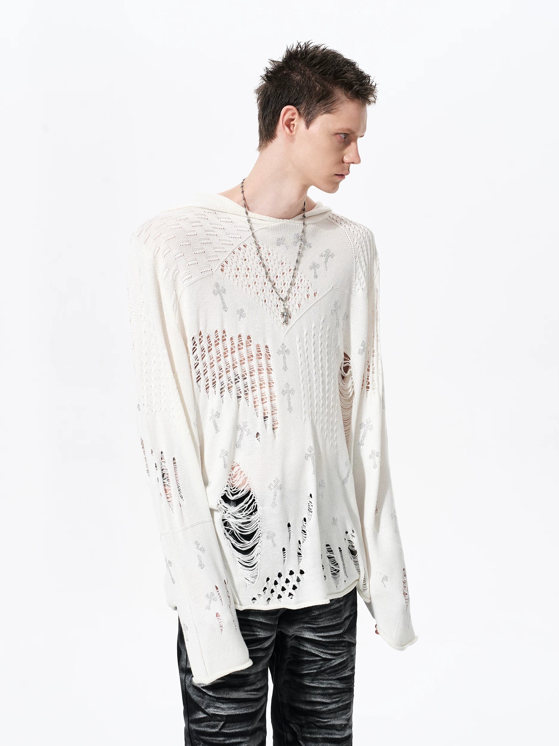 Fallen Cross Shred Knit Hoodie