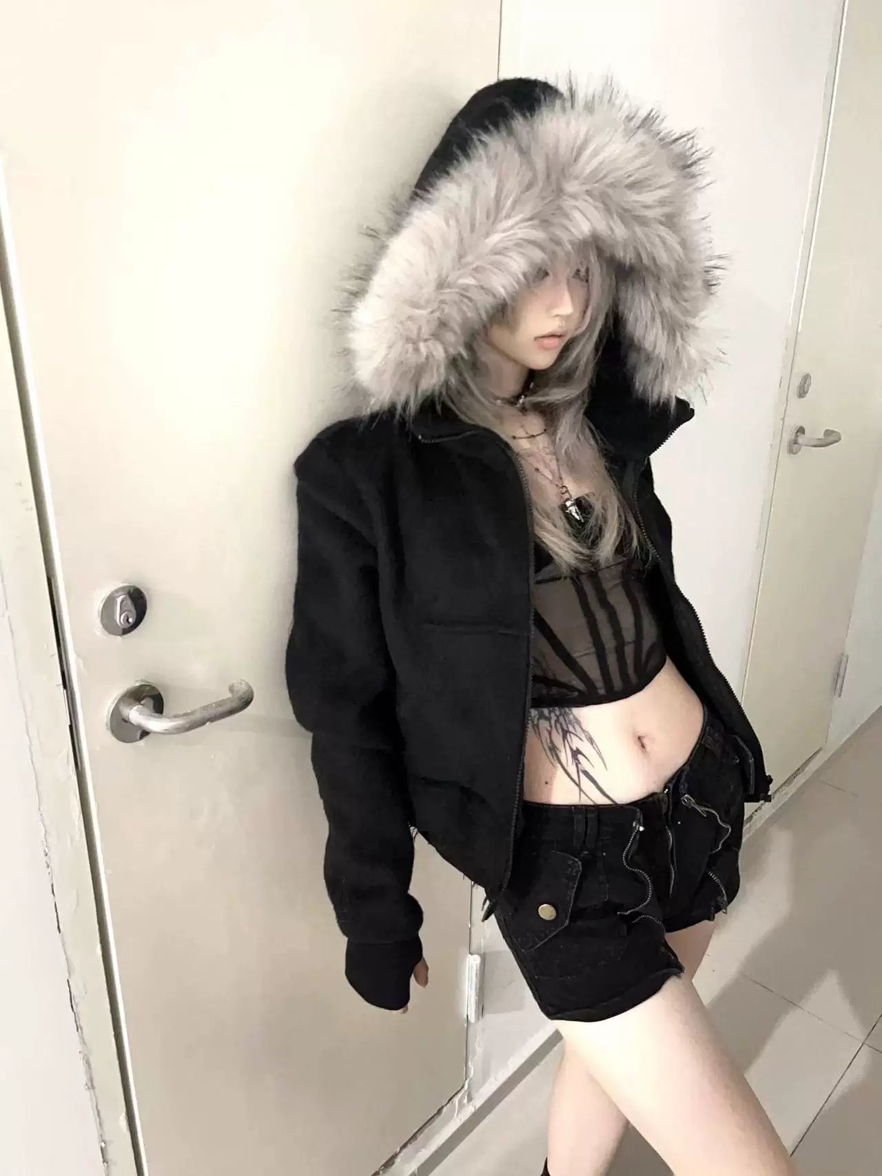 Cross Coffin Gold Raccoon Fur Cropped Hoodie