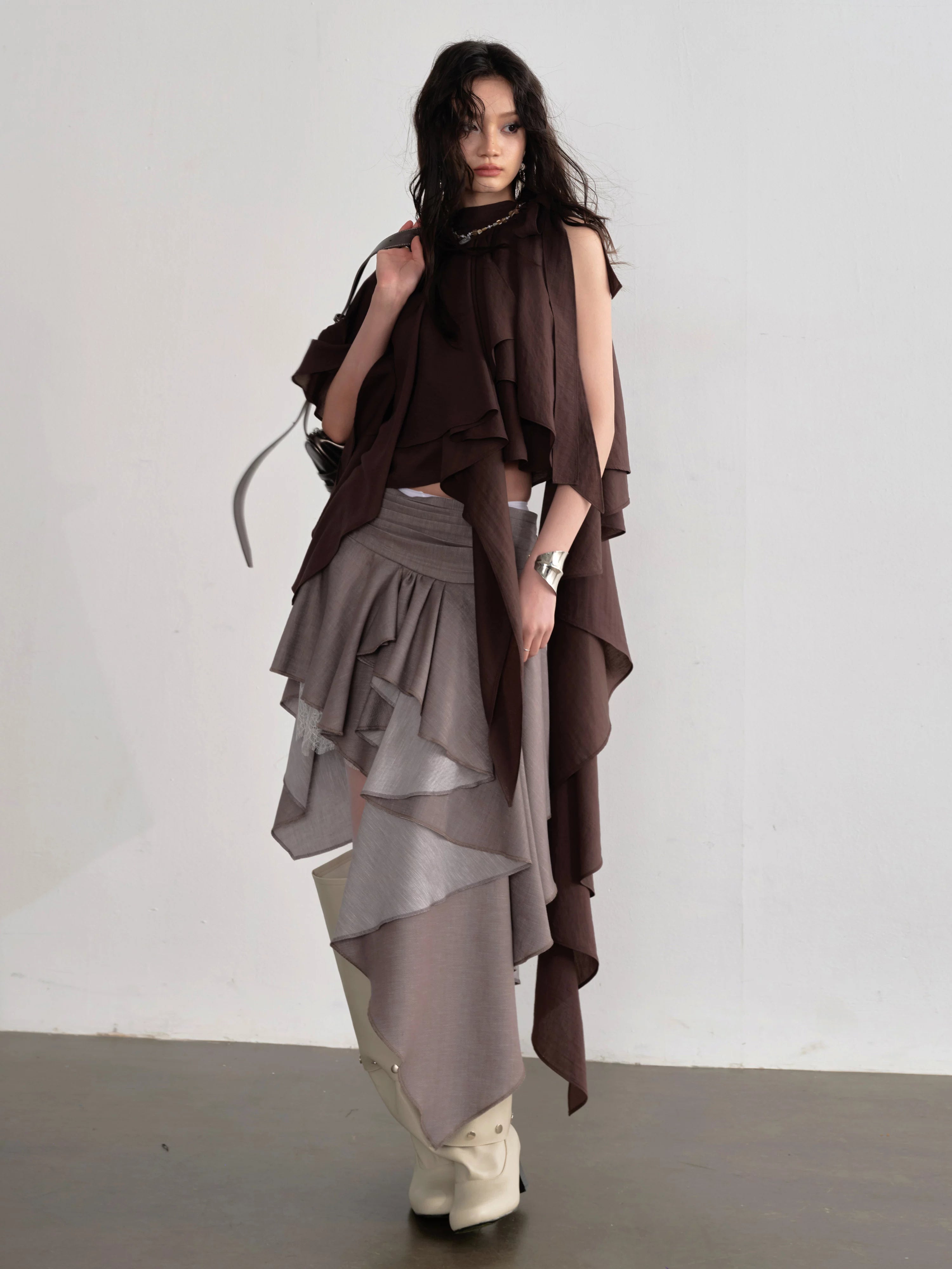 Mocha Cascade Ruffle Halter Top