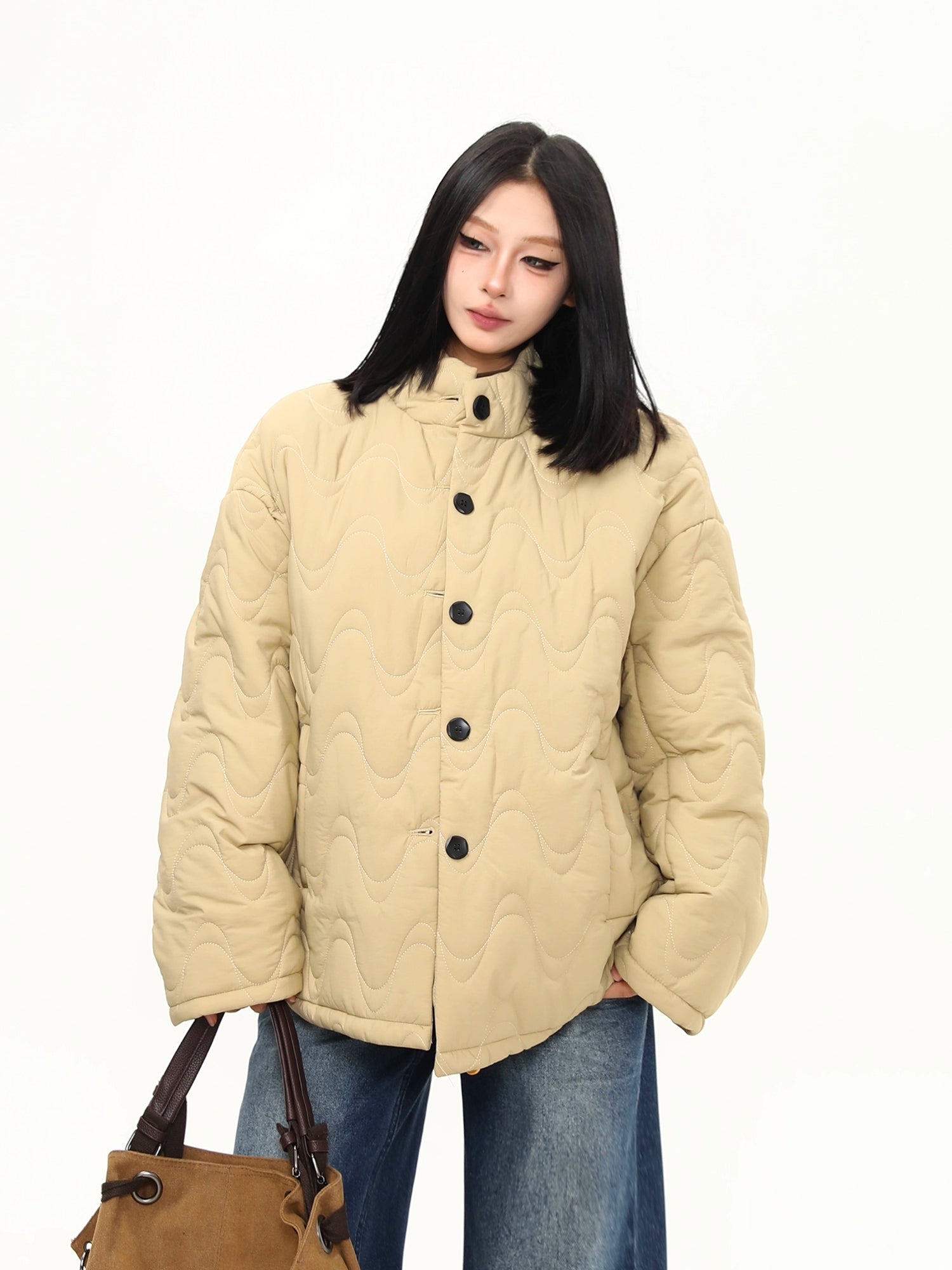 Cream Wave Quilted Stand-Collar Jacket