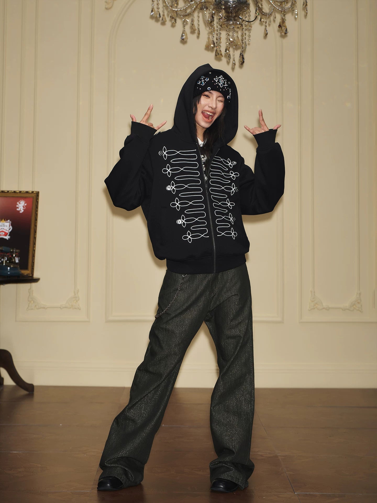 Black Military Embroidered Zip-Up Hoodie