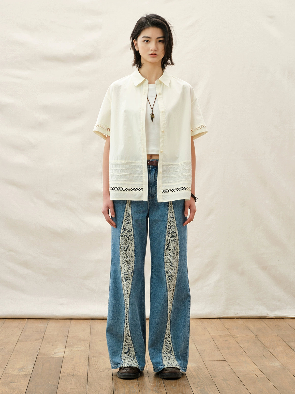 Embroidered Denim Wide Leg Jeans