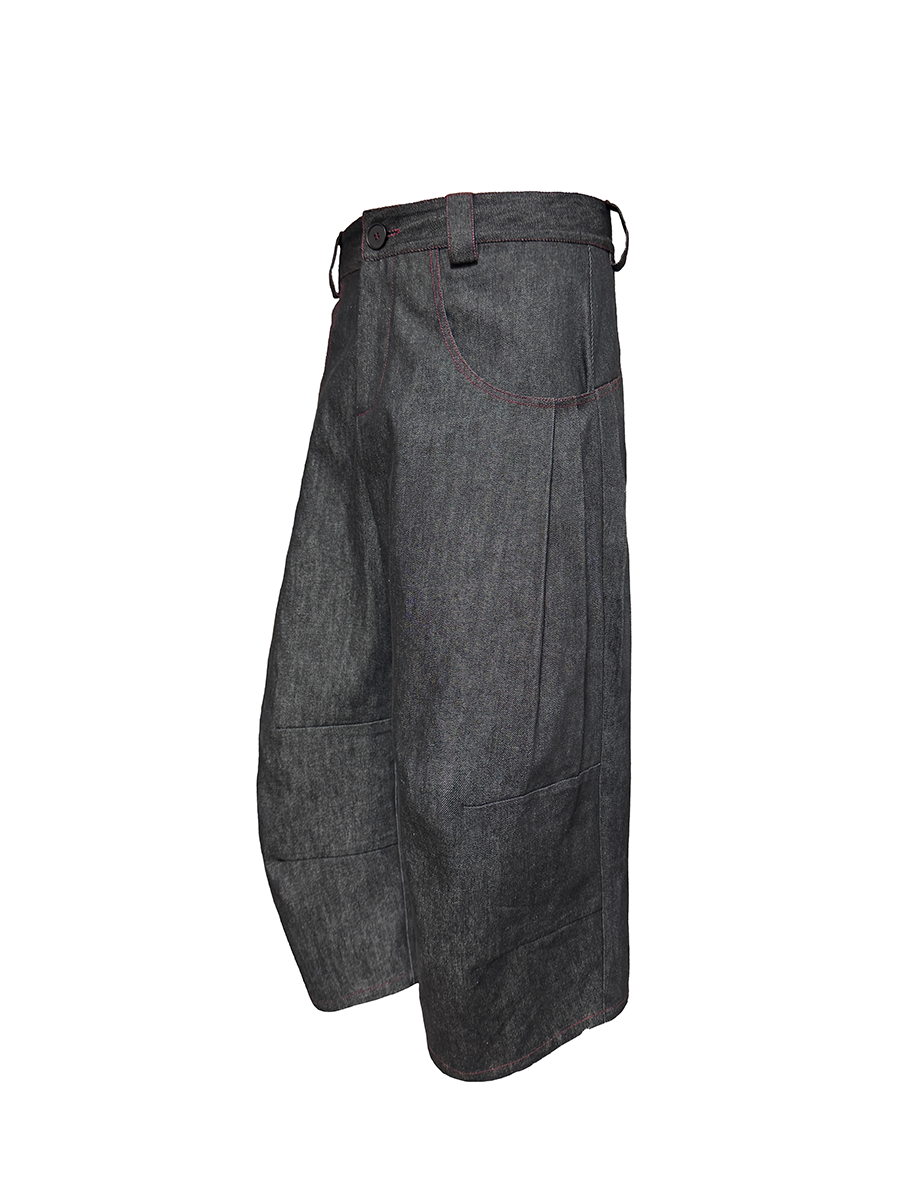 Wide-Leg Cropped Denim Trousers with Contrast Stitching