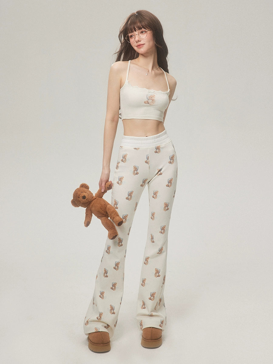 Trendy Bear Print Casual Pants With Subtle Flare Leg - chiclara
