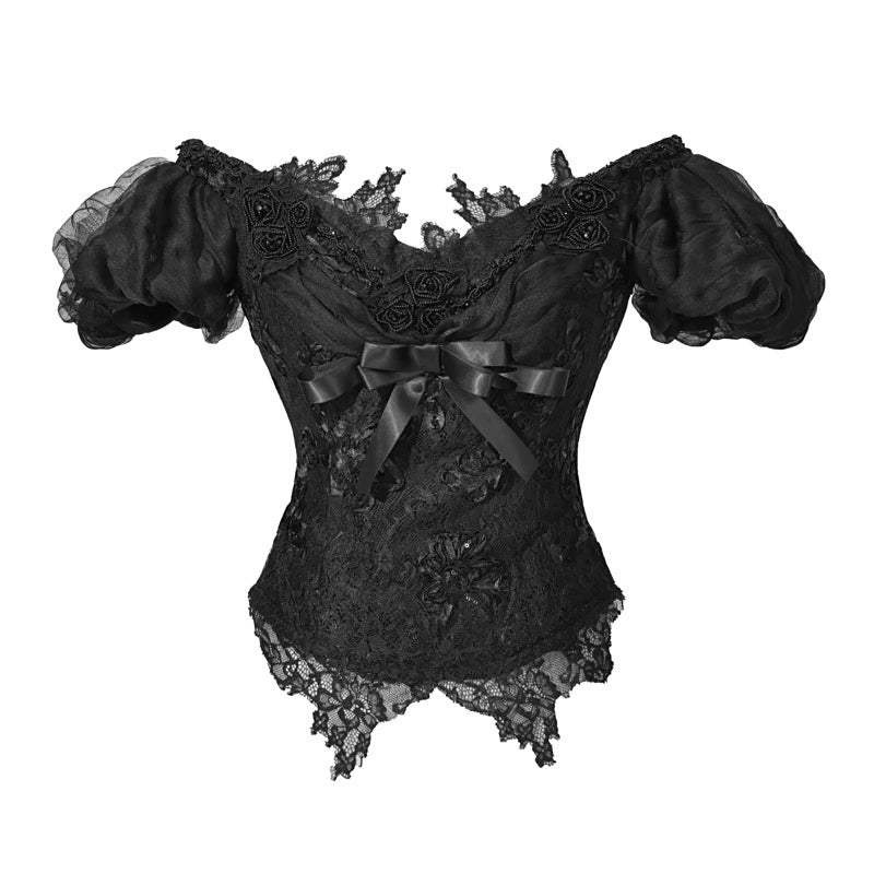 Gothic Black Lace Puff Sleeve Corset Top