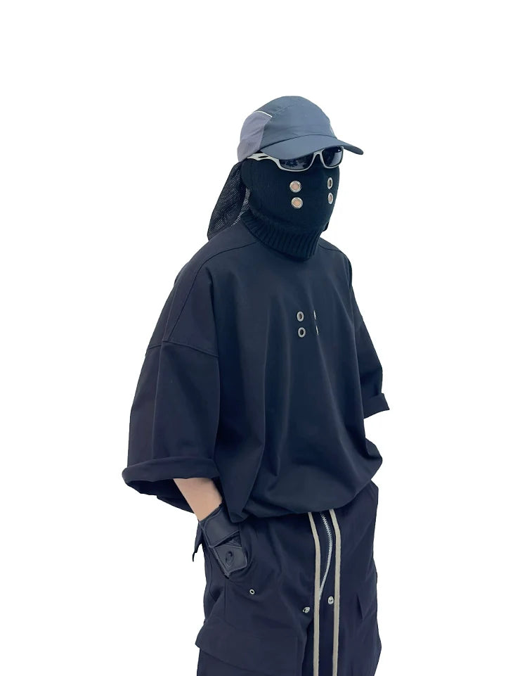 Grommet Detail Oversized Black Tee