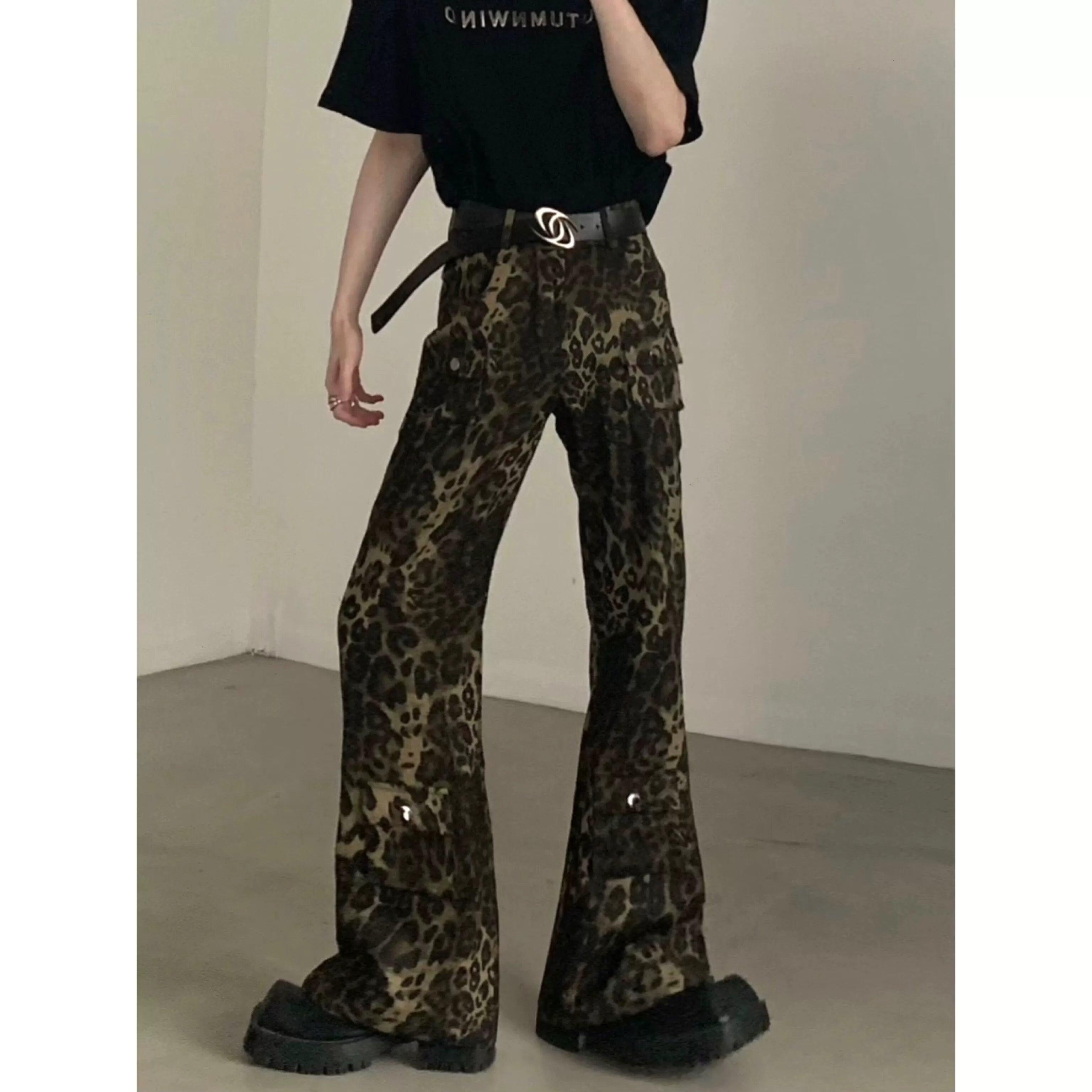 레오파드 프린트 와이드 레그 카고 팬츠