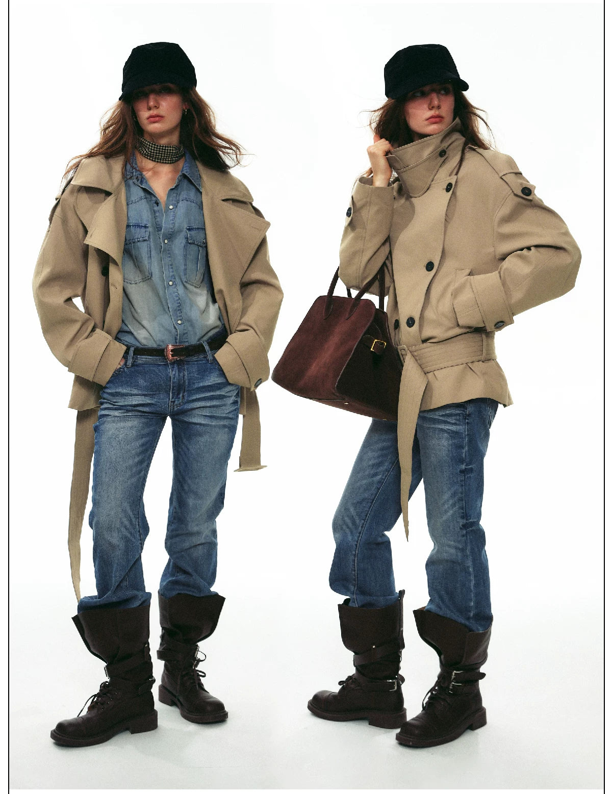 Draped Collar Belted Trench Jacket