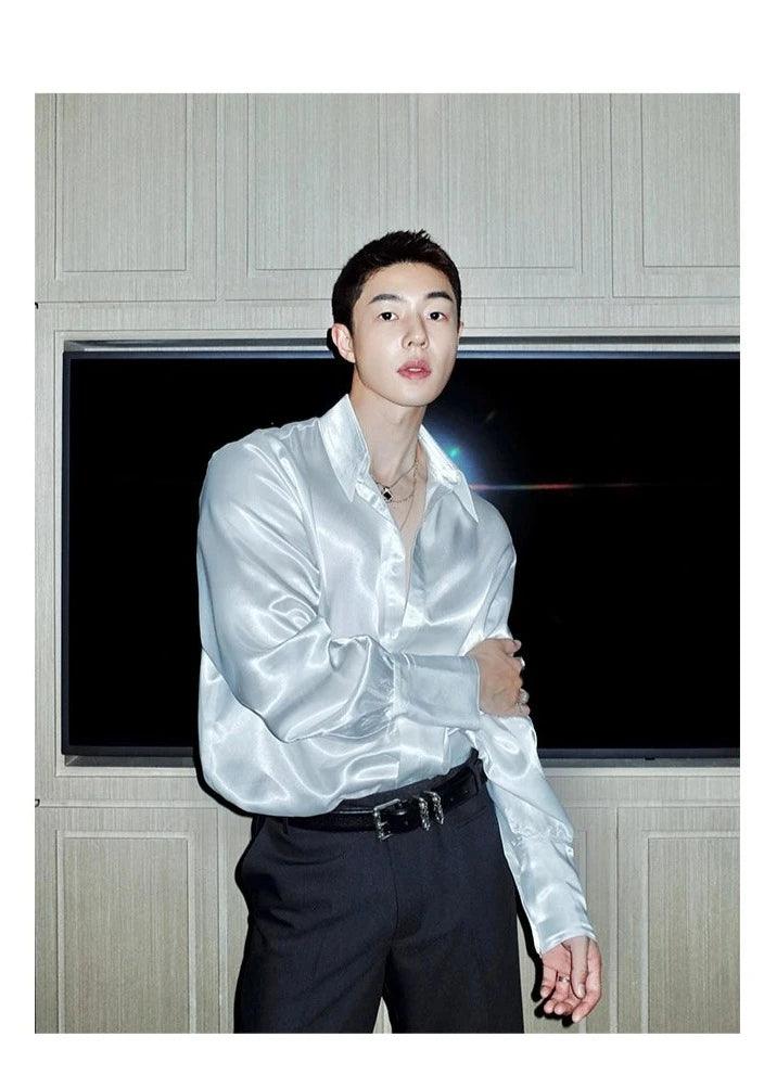 Weave Studio 화이트 새틴 버튼다운 셔츠 - 오버사이즈 롱슬리브