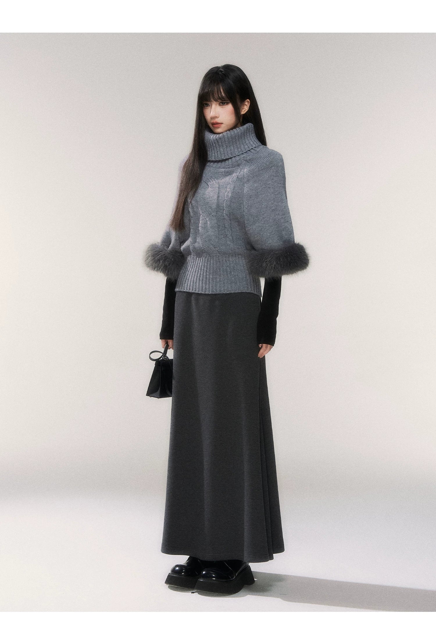 Frosted Whisper Fur-Cuff Turtleneck Sweater