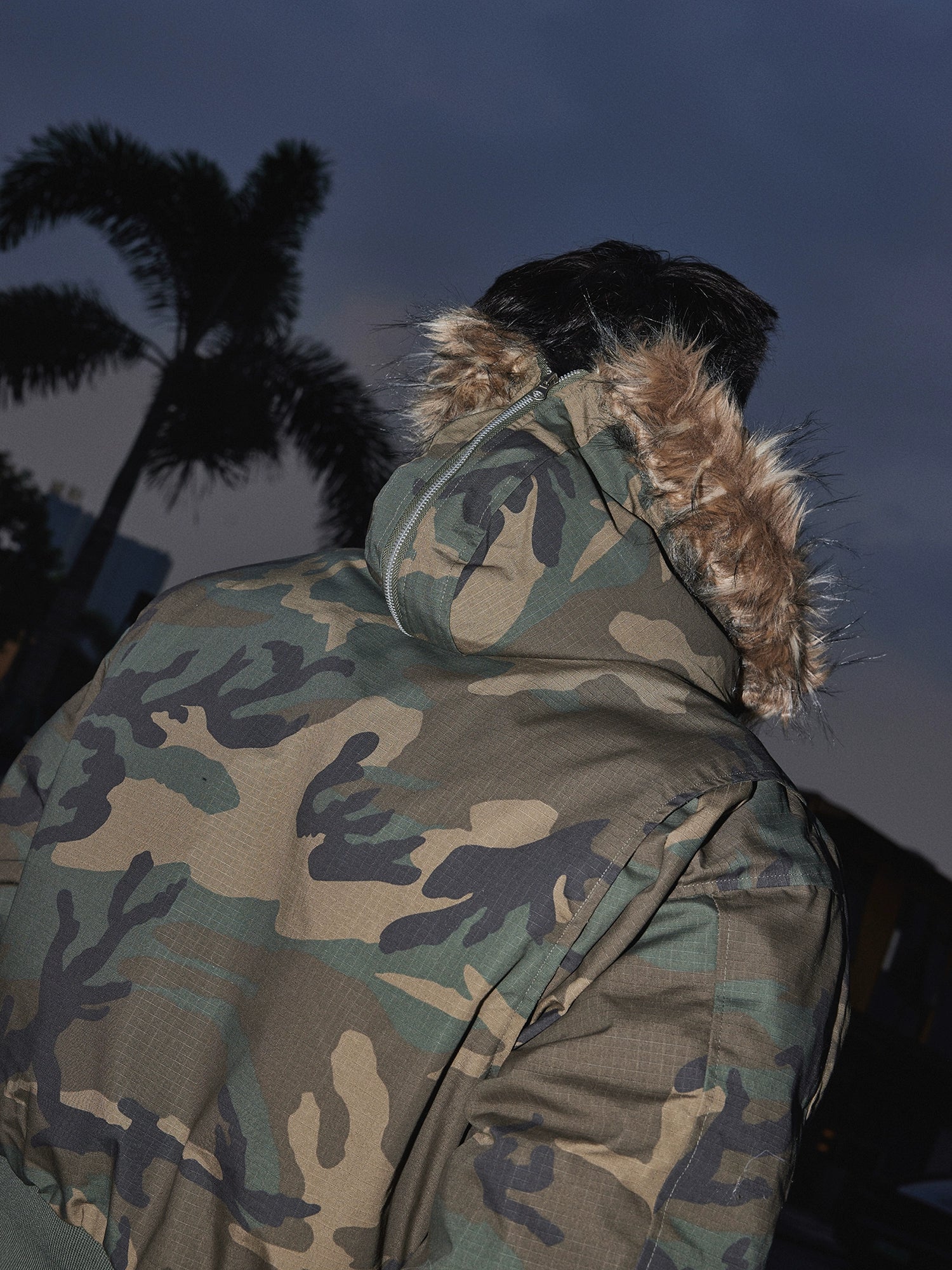 Camo Print Cropped Bomber Jacket with Faux Fur Hood