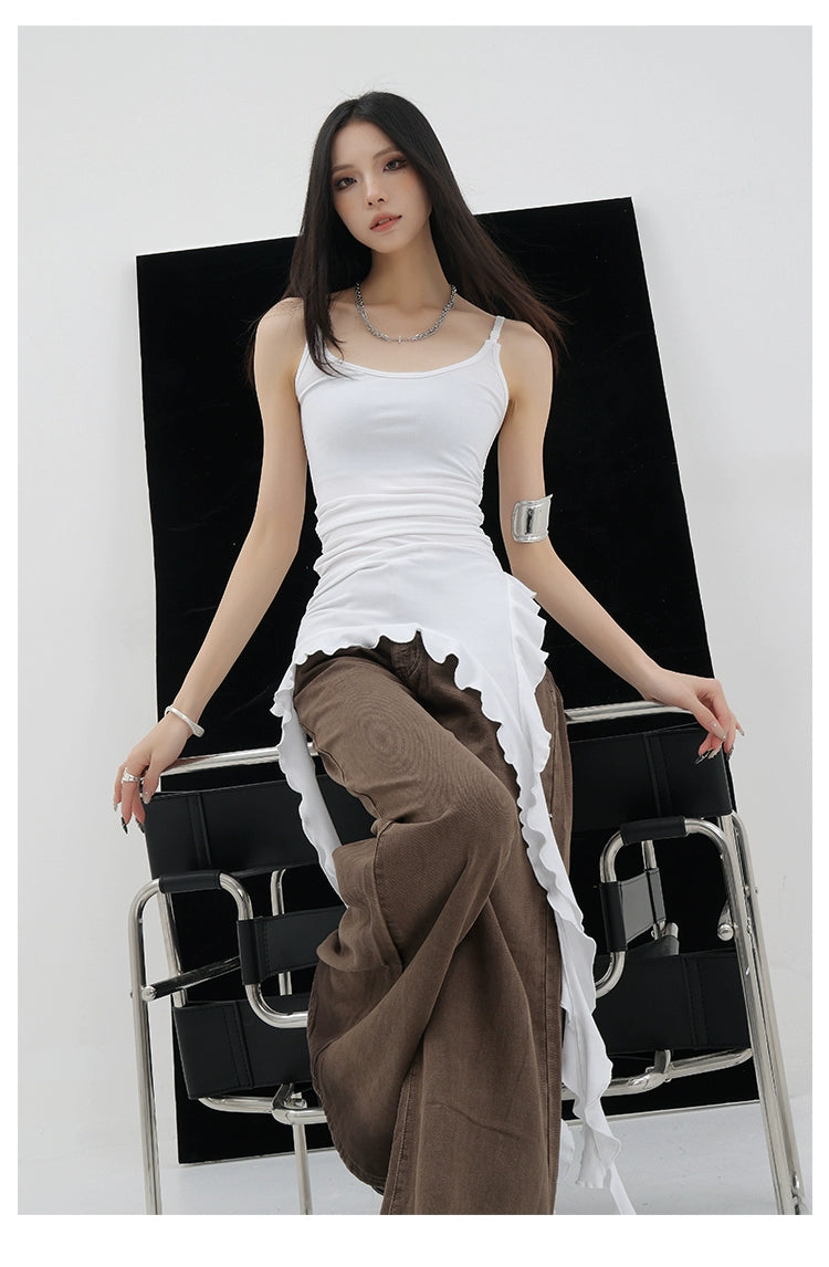 Black Asymmetric Ribbon Strap Tank Top With Ruffle Edge Design - chiclara