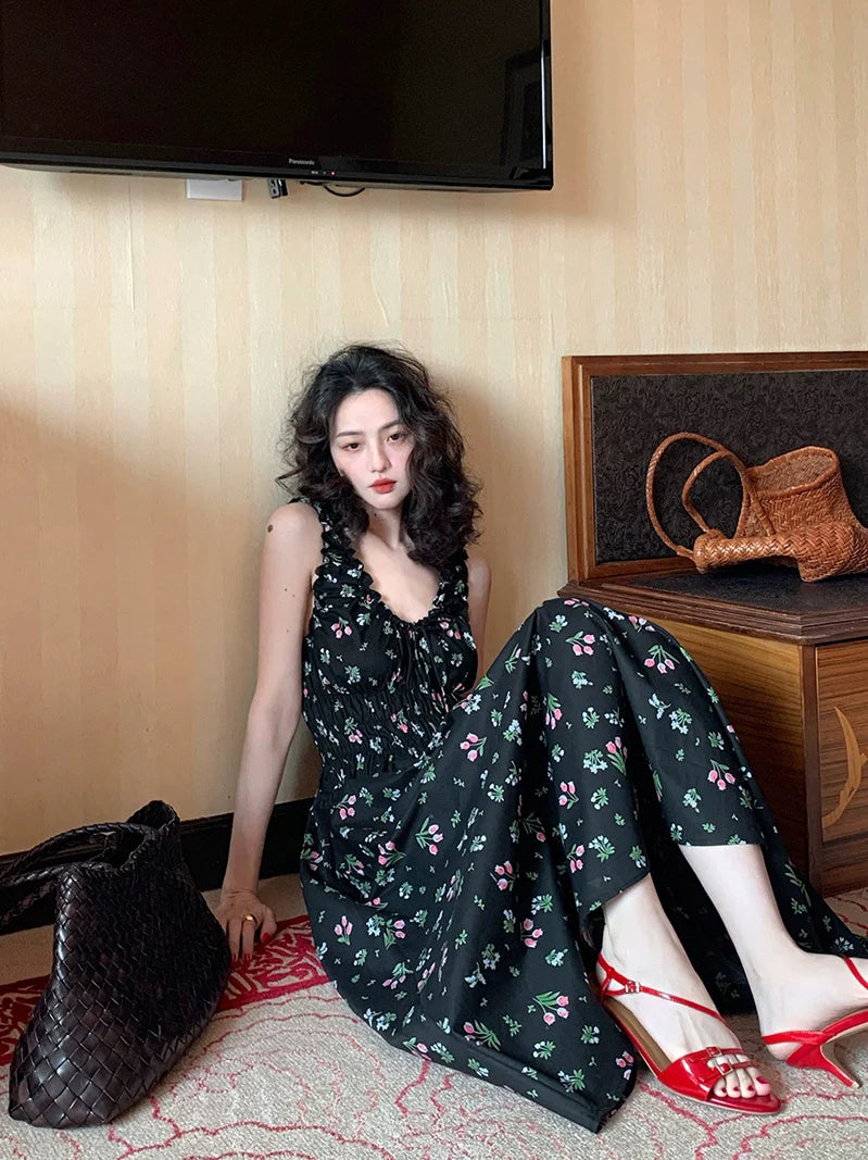 Puff-Sleeve Maxi Dress with Red Floral Print