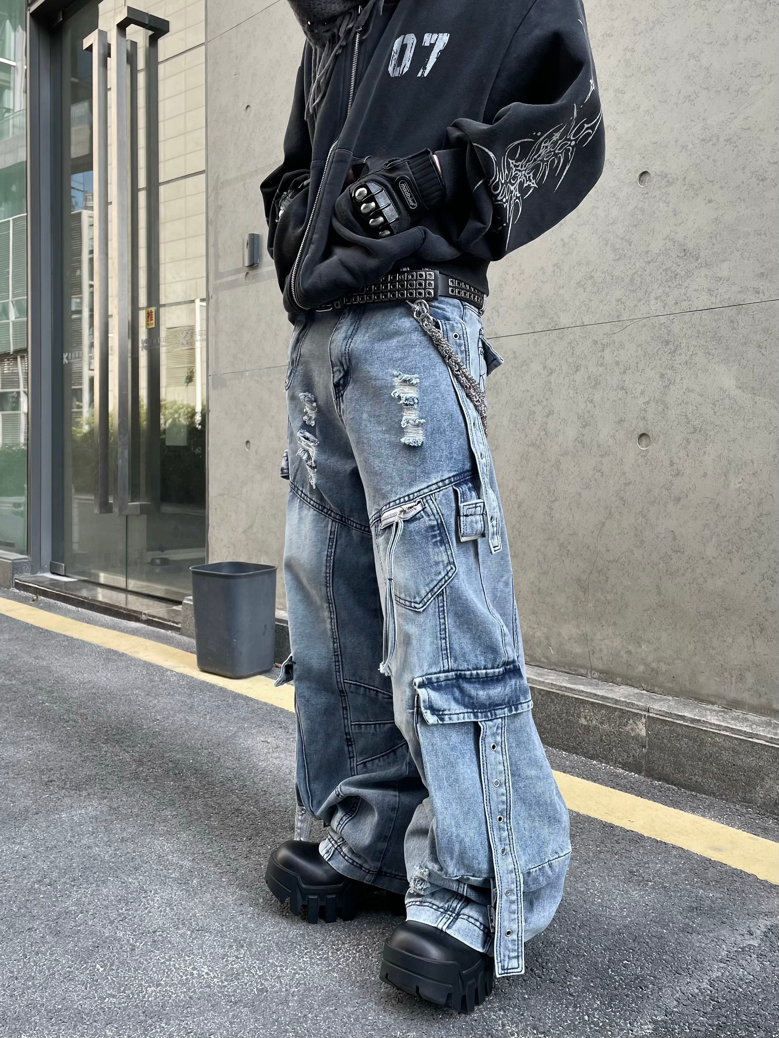 Acid Wash Distressed Cargo Jeans