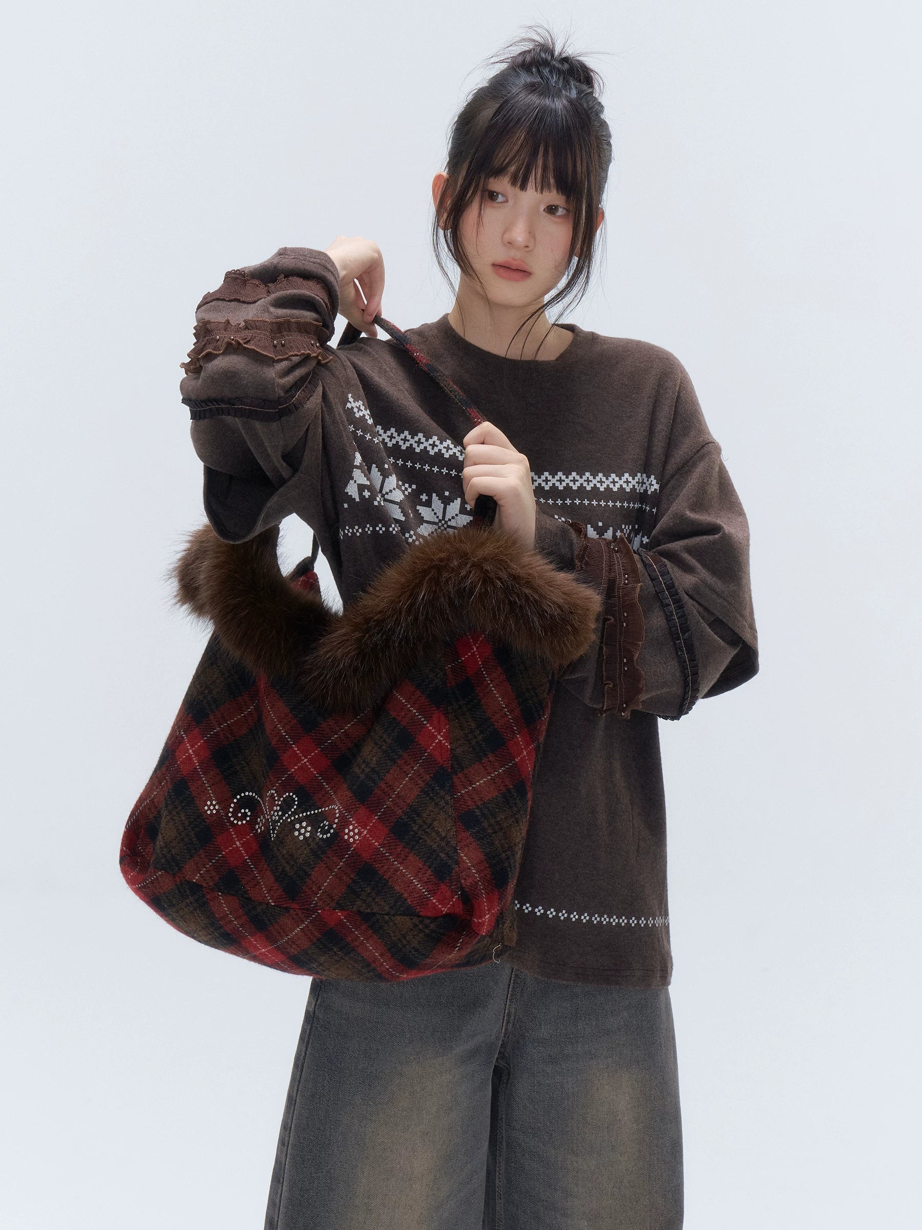 Faux-Fur Plaid Oversized Tote - view 3