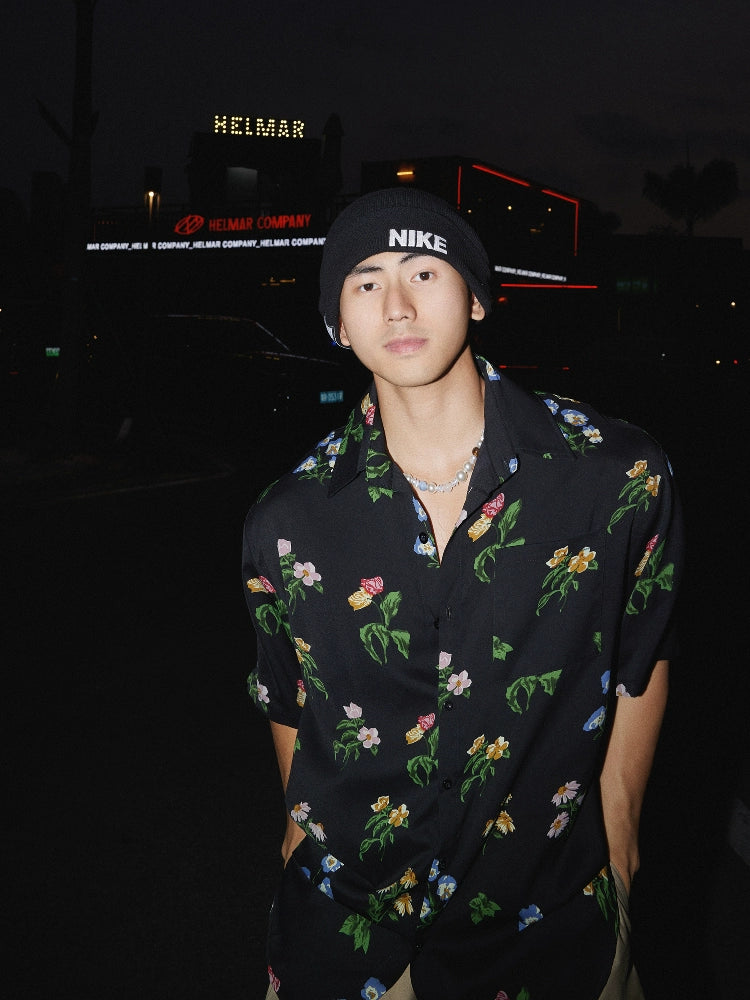 Black Floral Print Short Sleeve Shirt