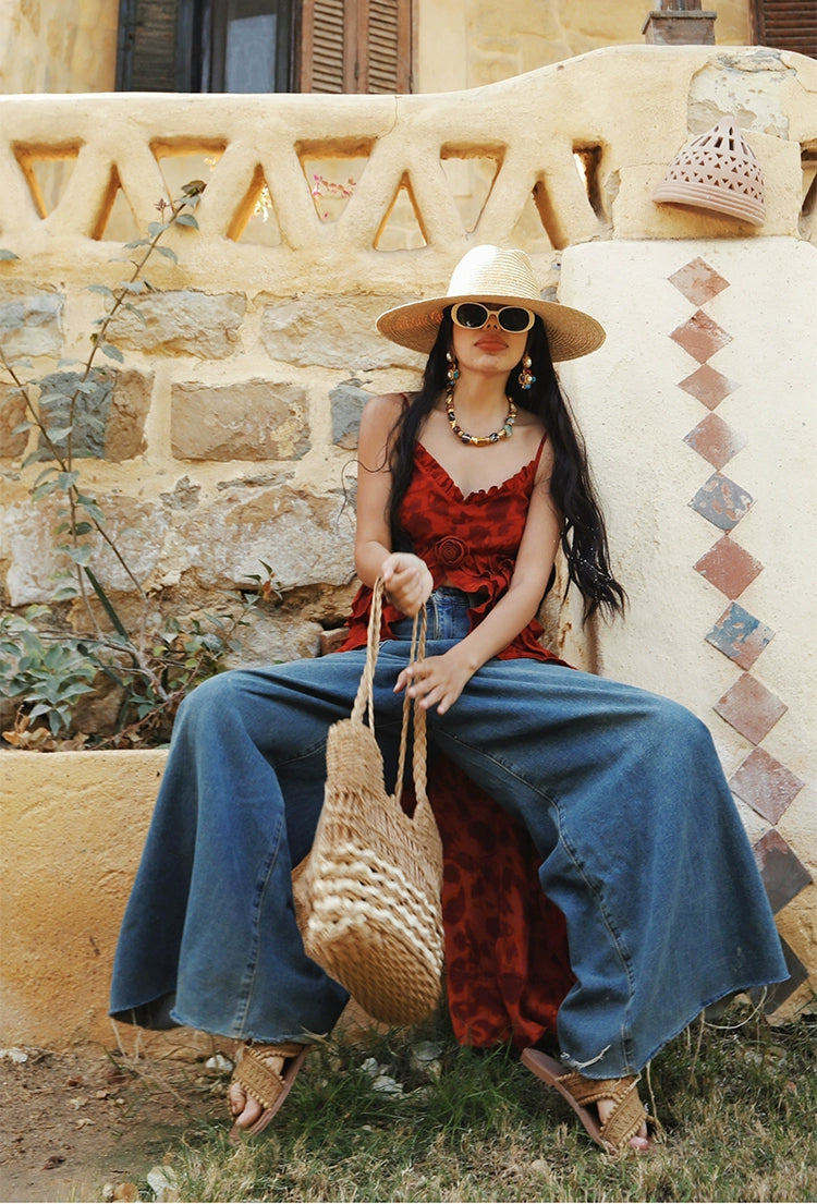 Vintage Distressed Edge Wide Leg Denim Jeans