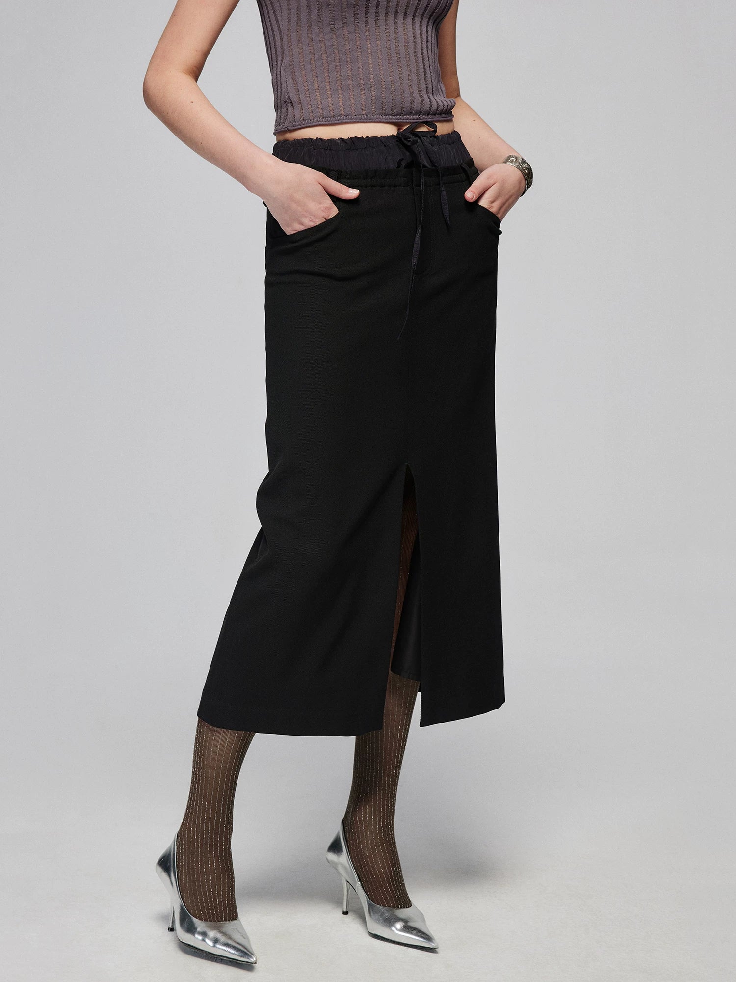 Layered Waist Front-Slit Midi Skirt