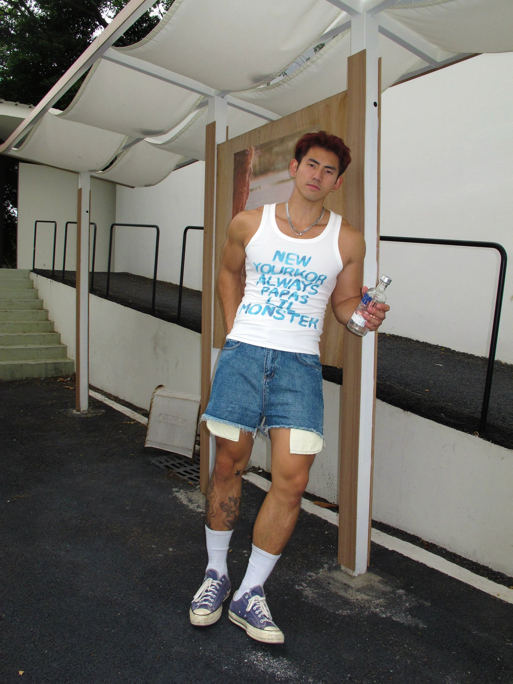 Aqua Script Ribbed Tank Top