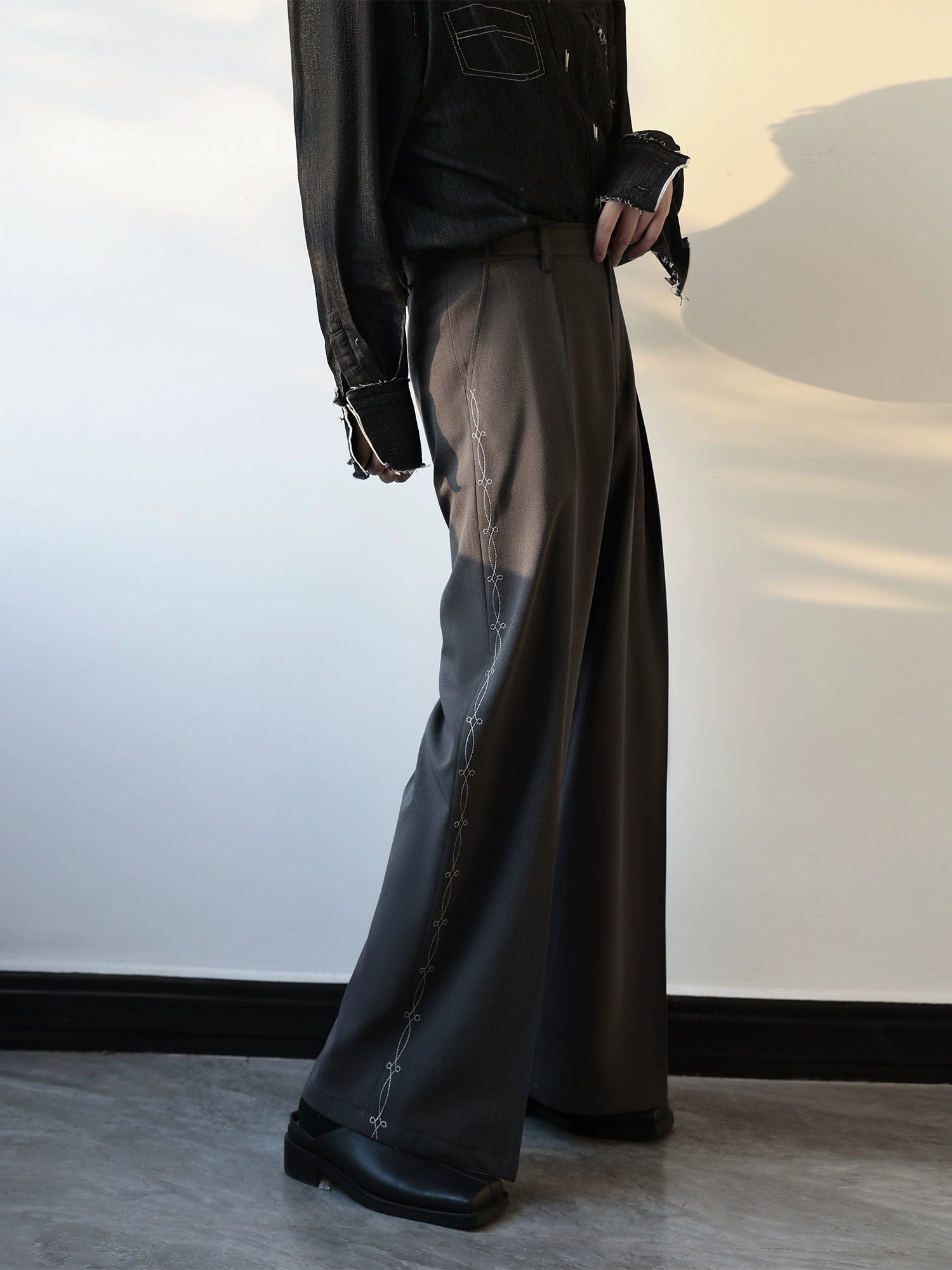Embroidered Side Seam Wide Pants