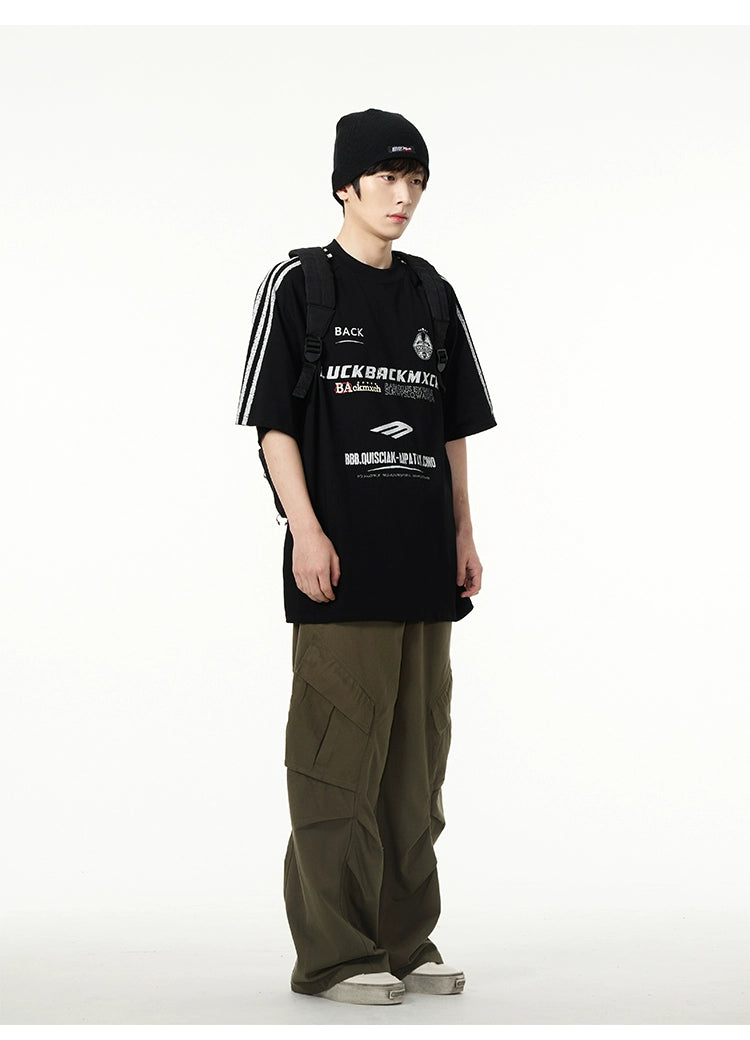 Oversized Graphic T-Shirt with White Stripe Sleeves