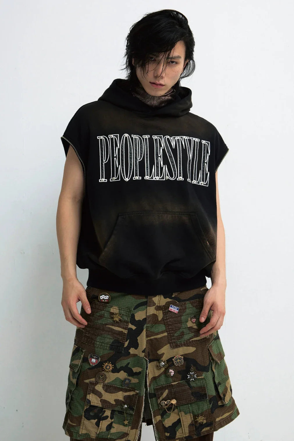 Men's Baggy Gradient Distressed Hooded Sweatshirt