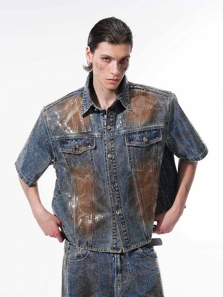 Hot Stamping Metallic Denim Jacket and Jeans Setup