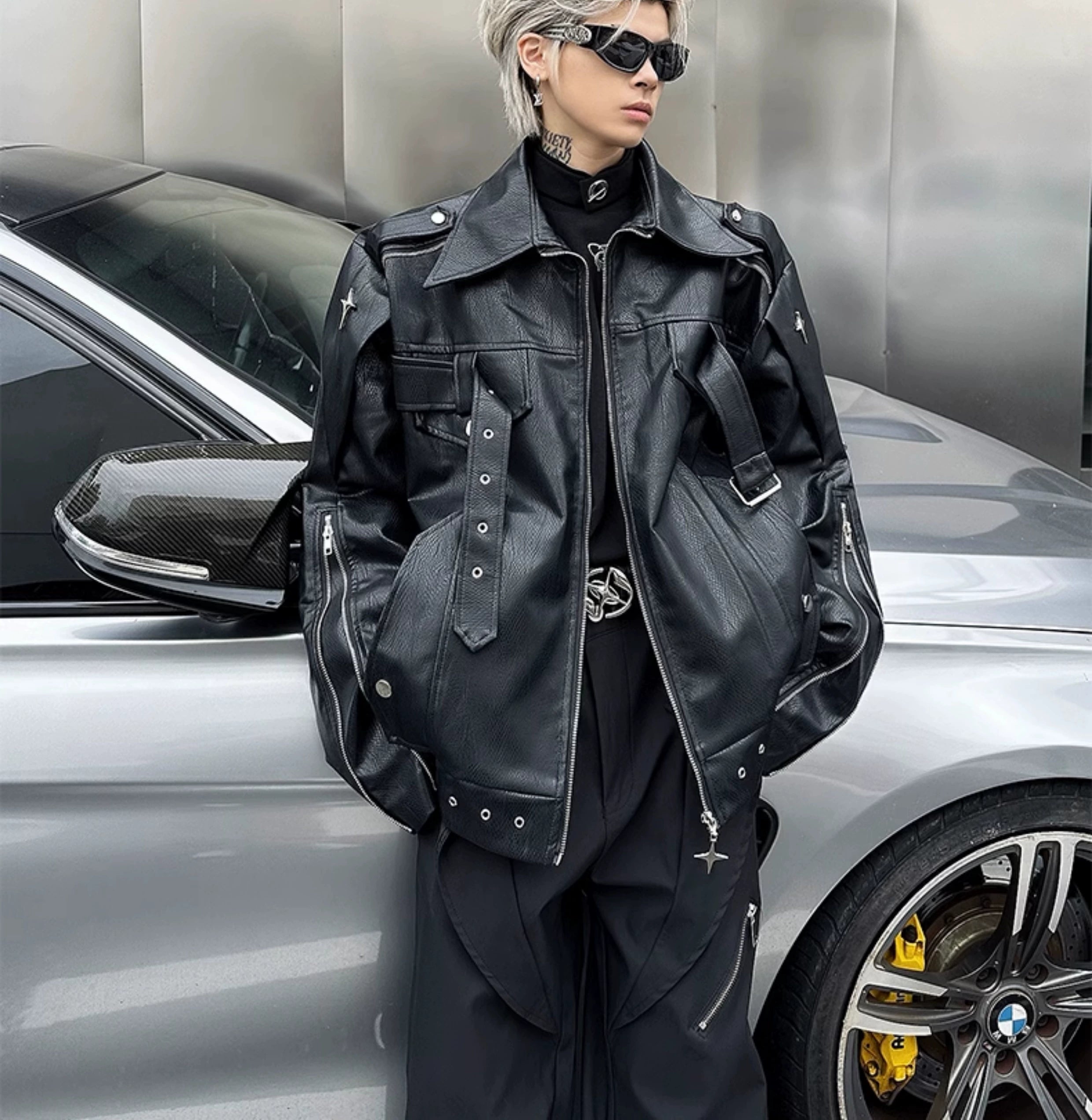 Oversized Star Patch Leather Jacket