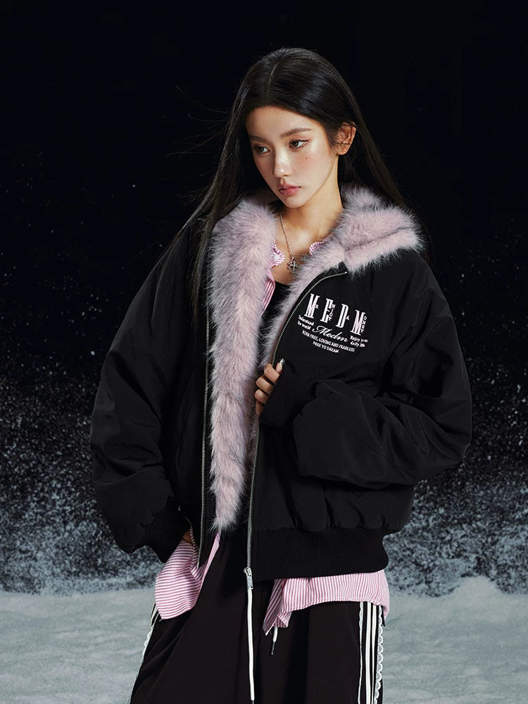 Faux Fur Trim Oversized Bomber Jacket