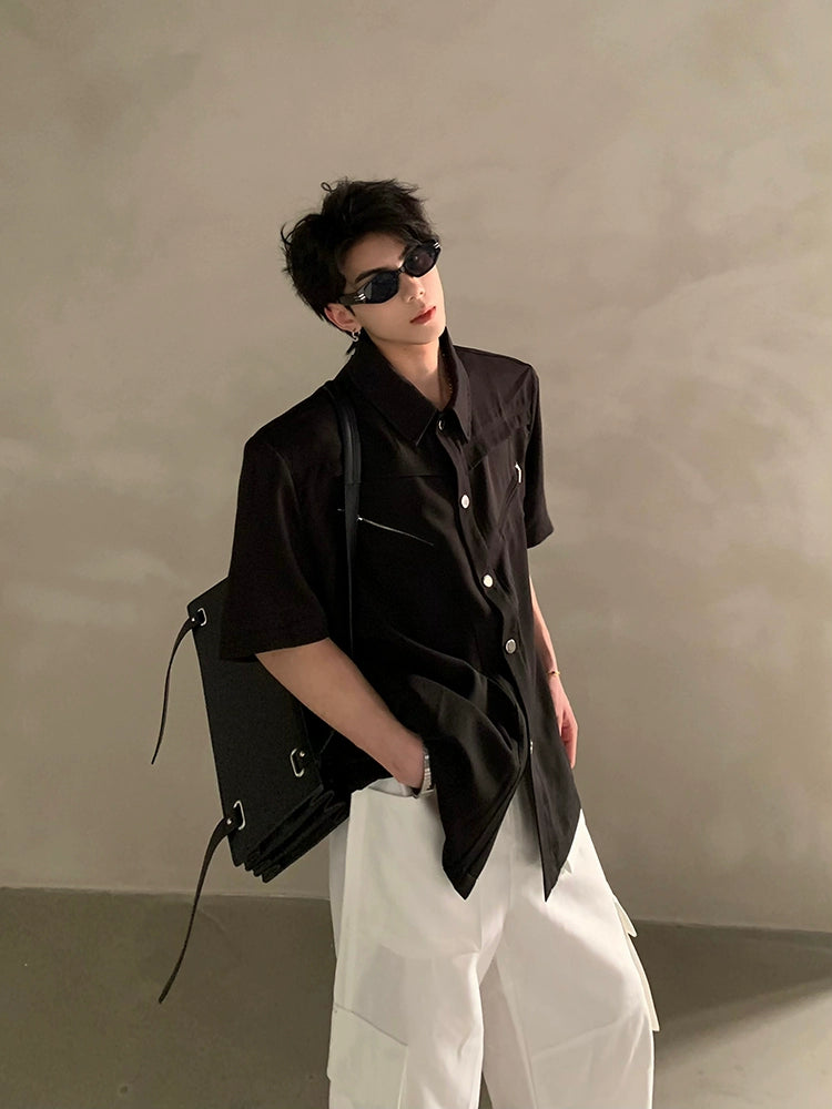 Black Short Sleeve Gem Collar Shirt
