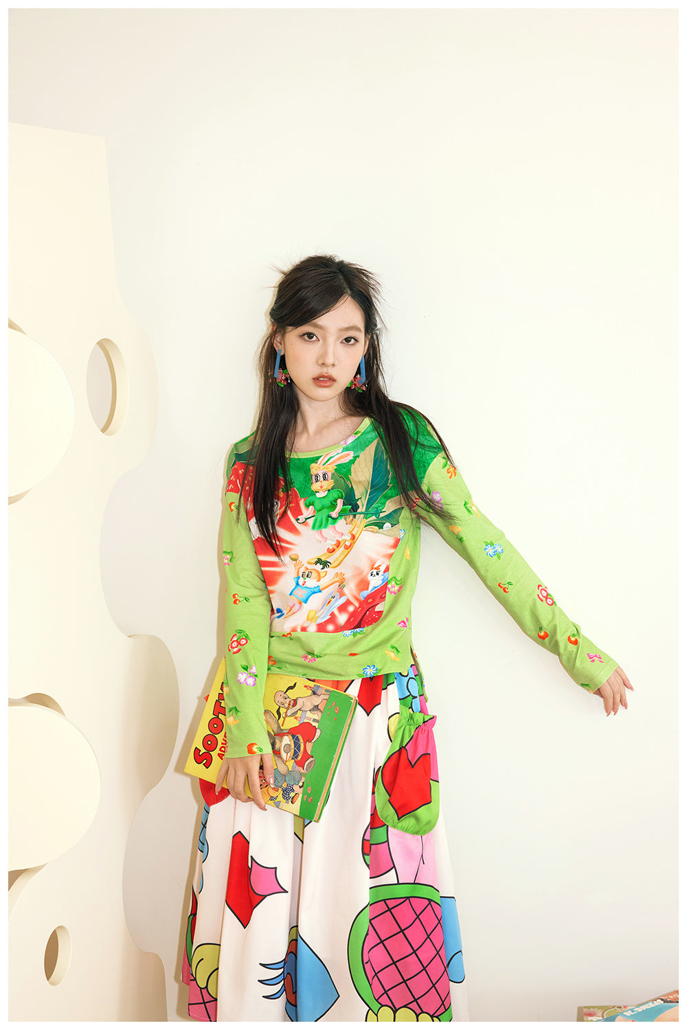 Green Strawberry Print Long Sleeve Top