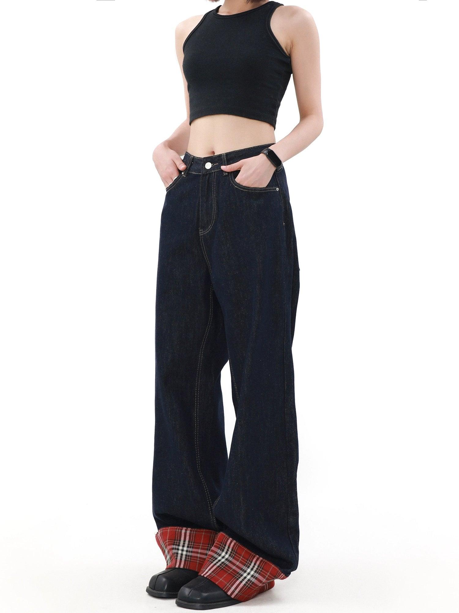 Jeans anchos de la pierna con fastidio a cuadros de mrnearly: mezclilla clásica unisex con un toque