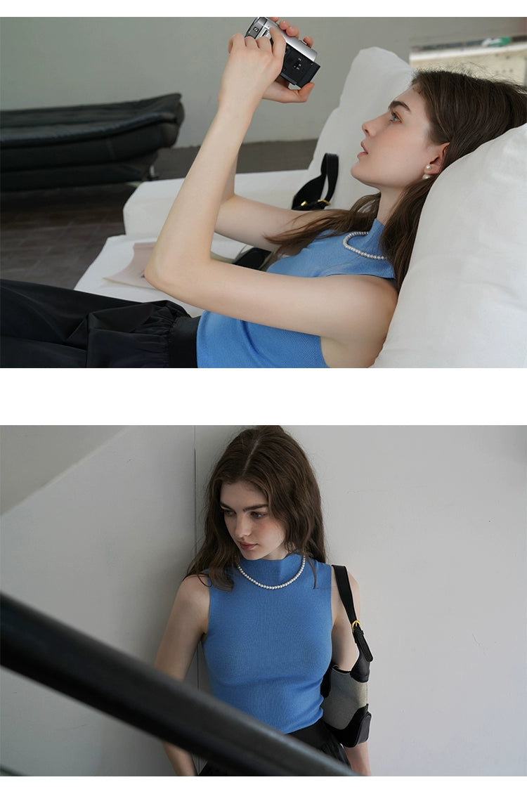 French Semi-High Neck Wool Knit Seamless Blue Tank Top - chiclara