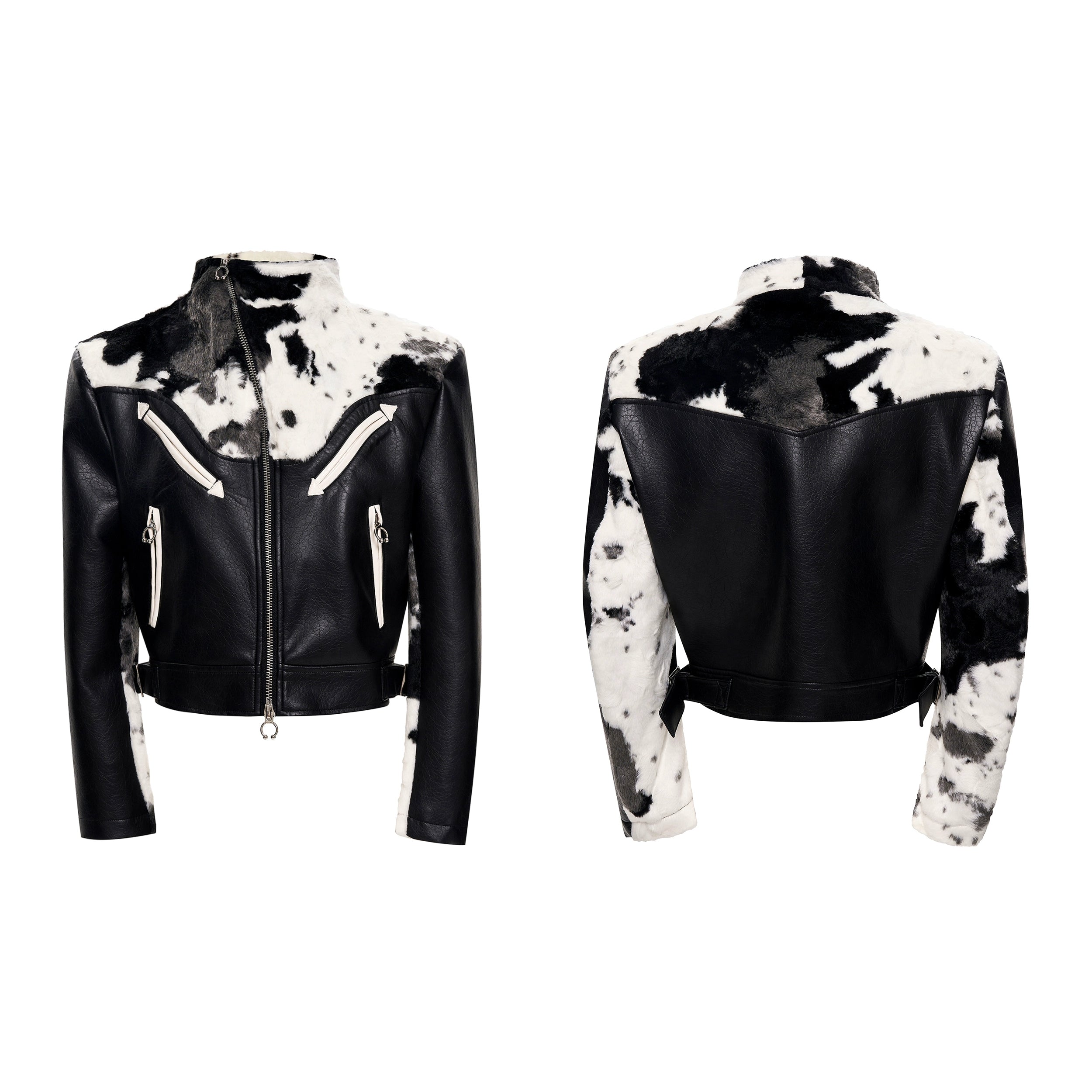 Cow Print Panel Moto Jacket