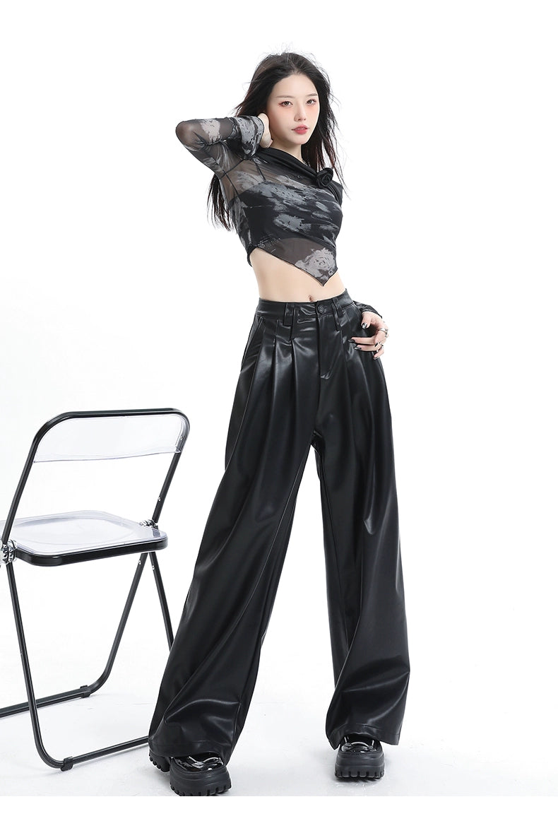 Coffee Wide-Leg Pu Leather Pants - chiclara
