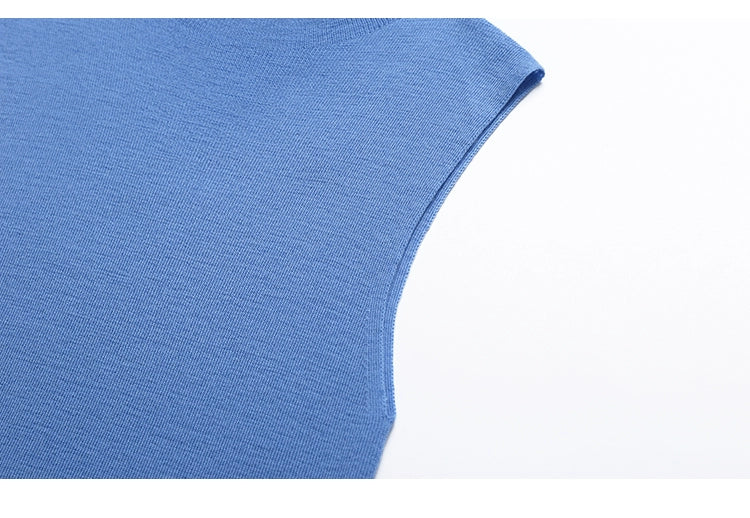French Semi-High Neck Wool Knit Seamless Blue Tank Top - chiclara