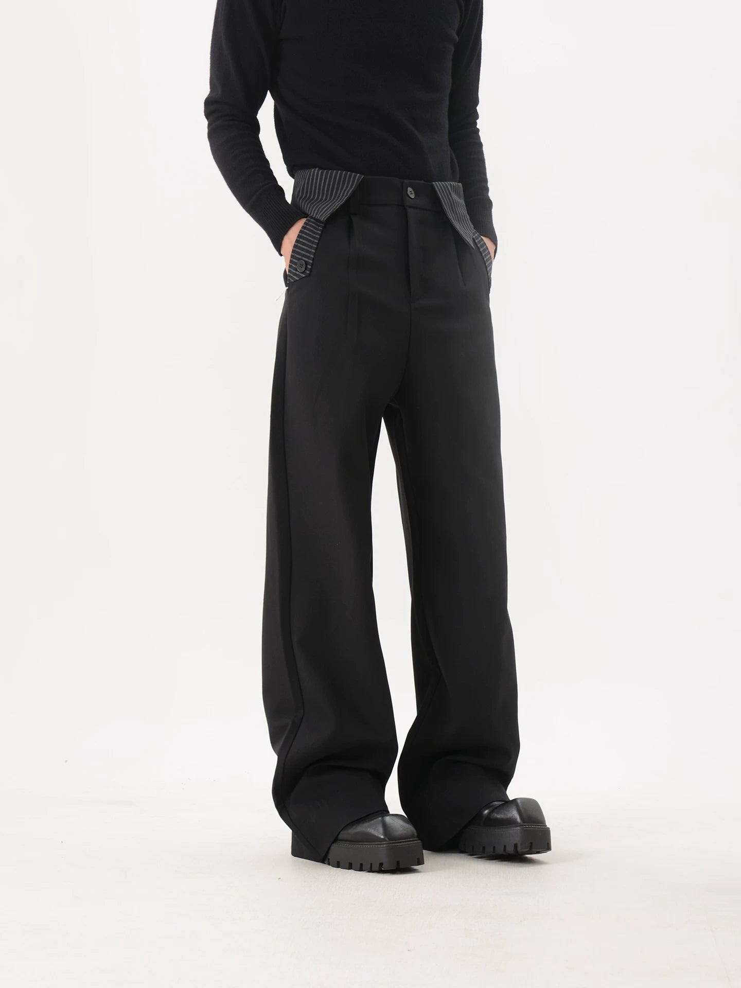 Black Pinstripe-Trim Wide-Leg Trousers