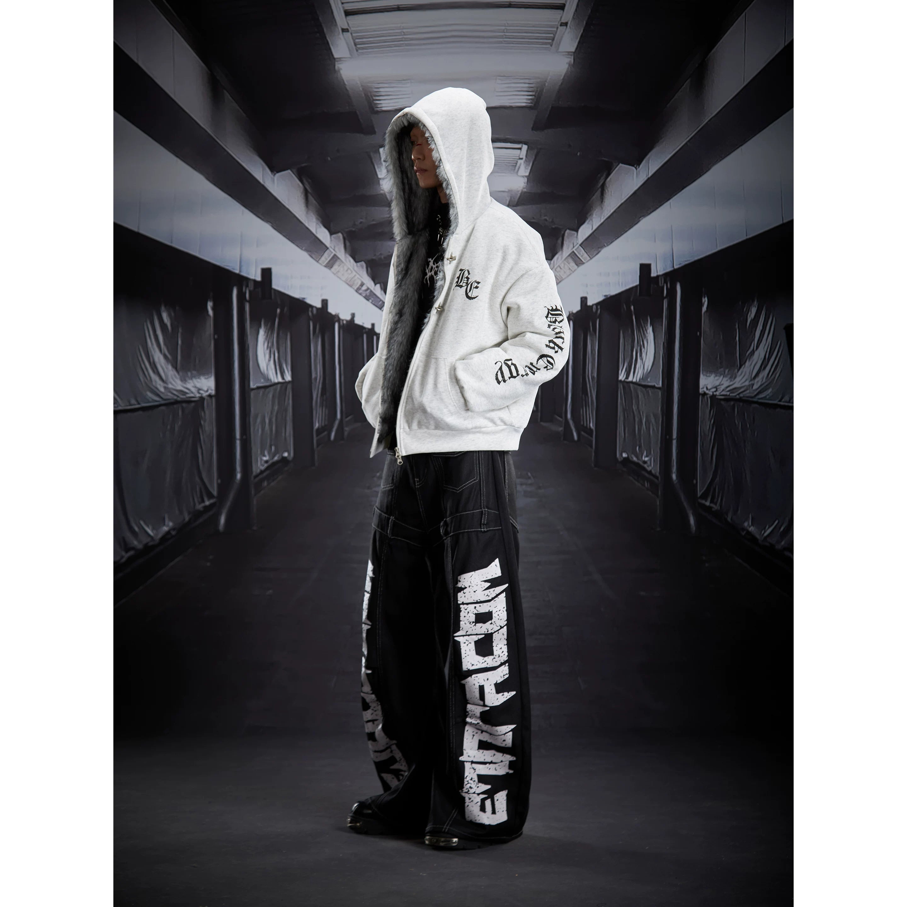 Wreckline Script Wide‑Leg Denim Pants