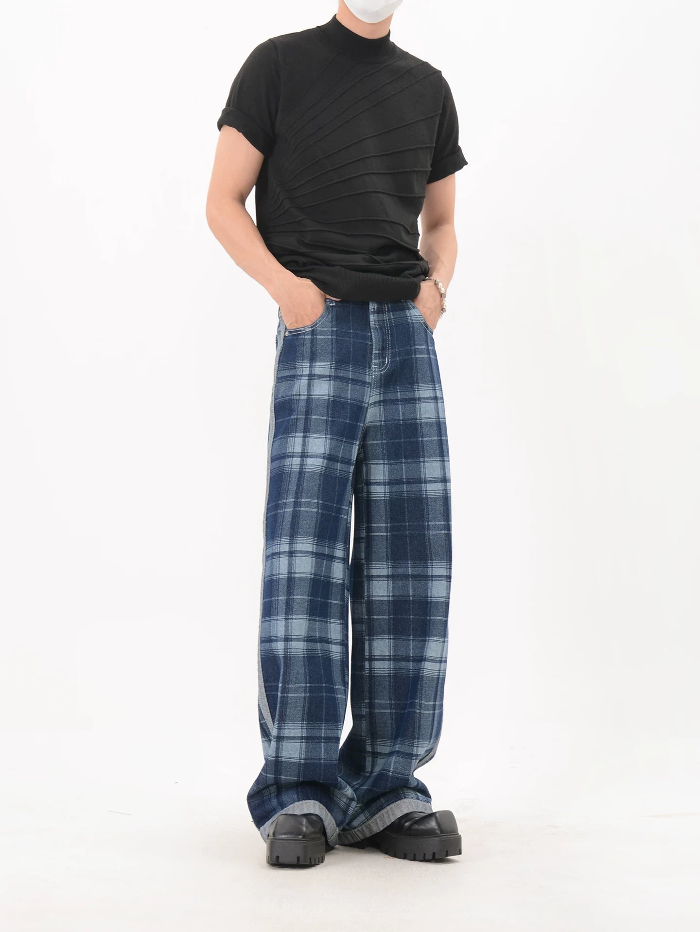 Blue Contrast Trim Plaid Wide Leg Pants
