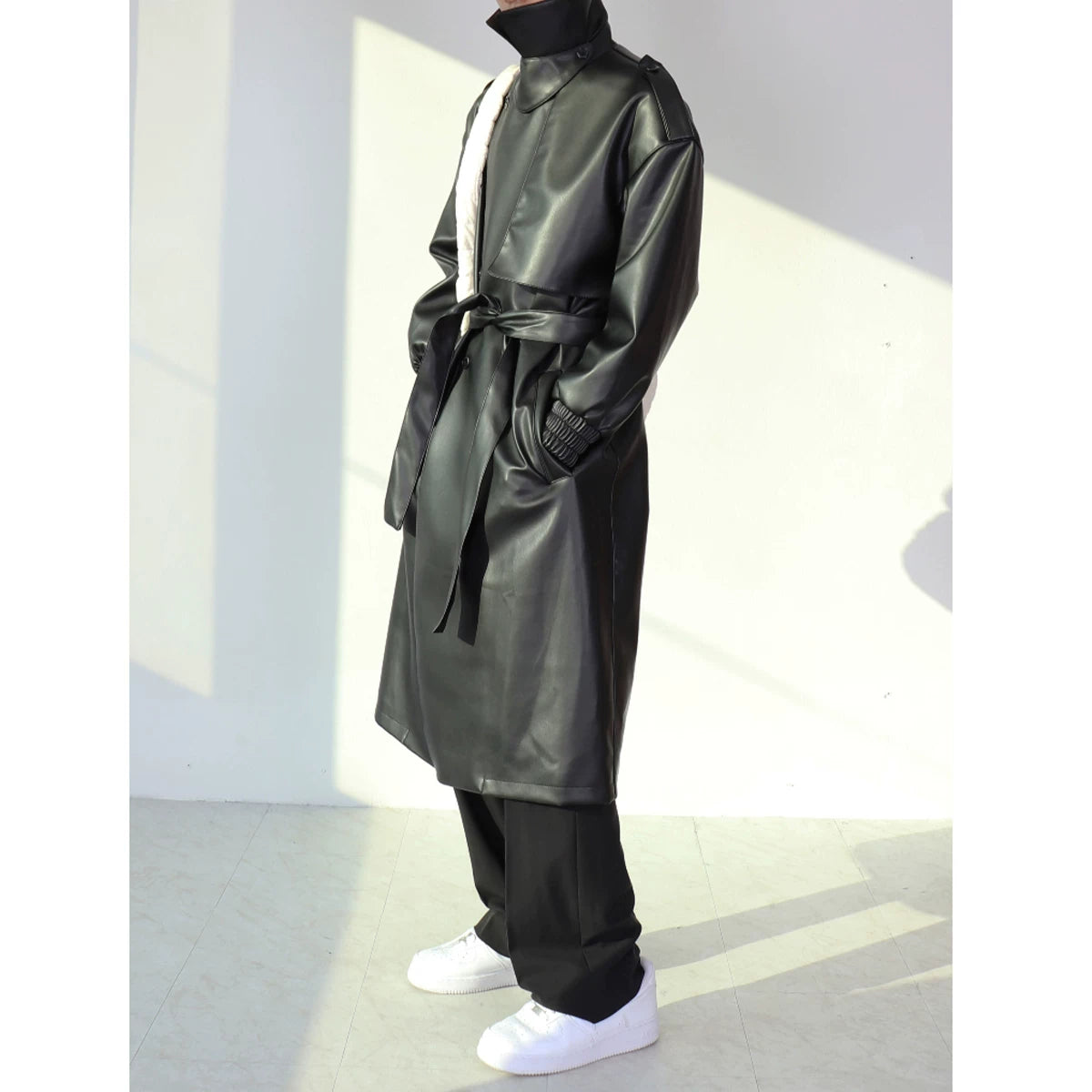 Noir Eclipse Belted Faux Leather Trench Coat